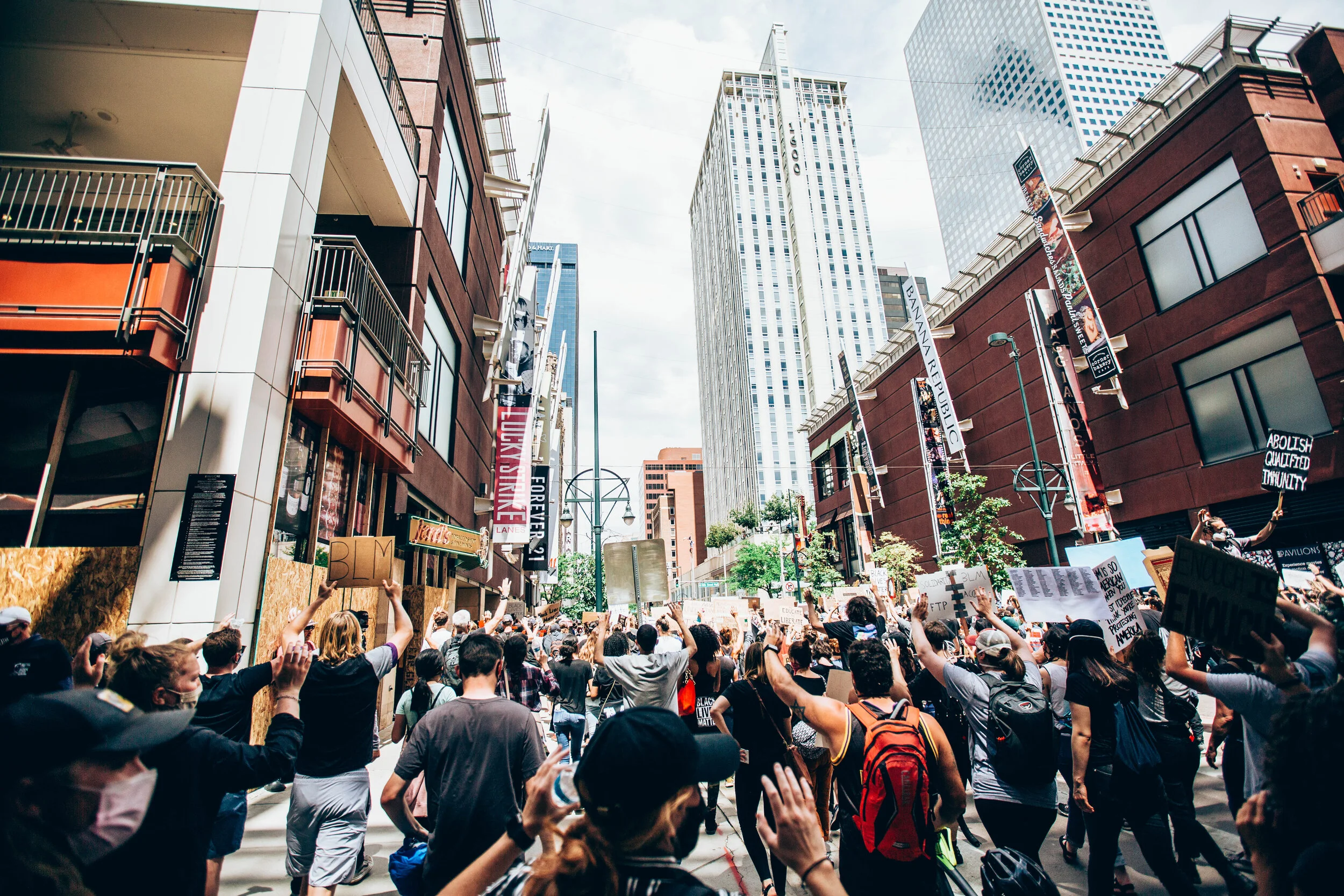 Protests marching through 16th Street Mall in Downtown Denver on June 6th, 2020.
