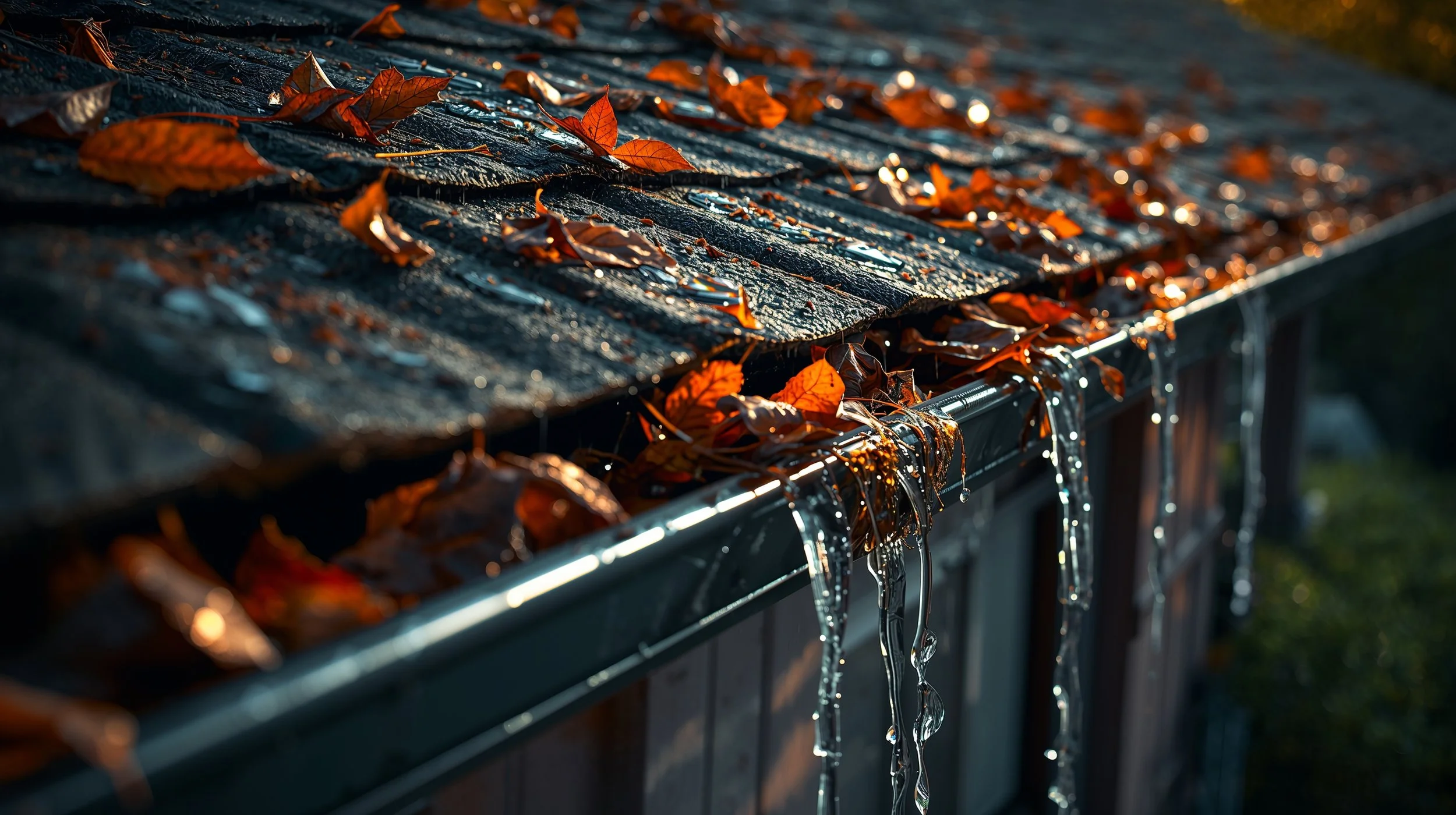Clogged house gutters filled with leaves and debris causing water overflow