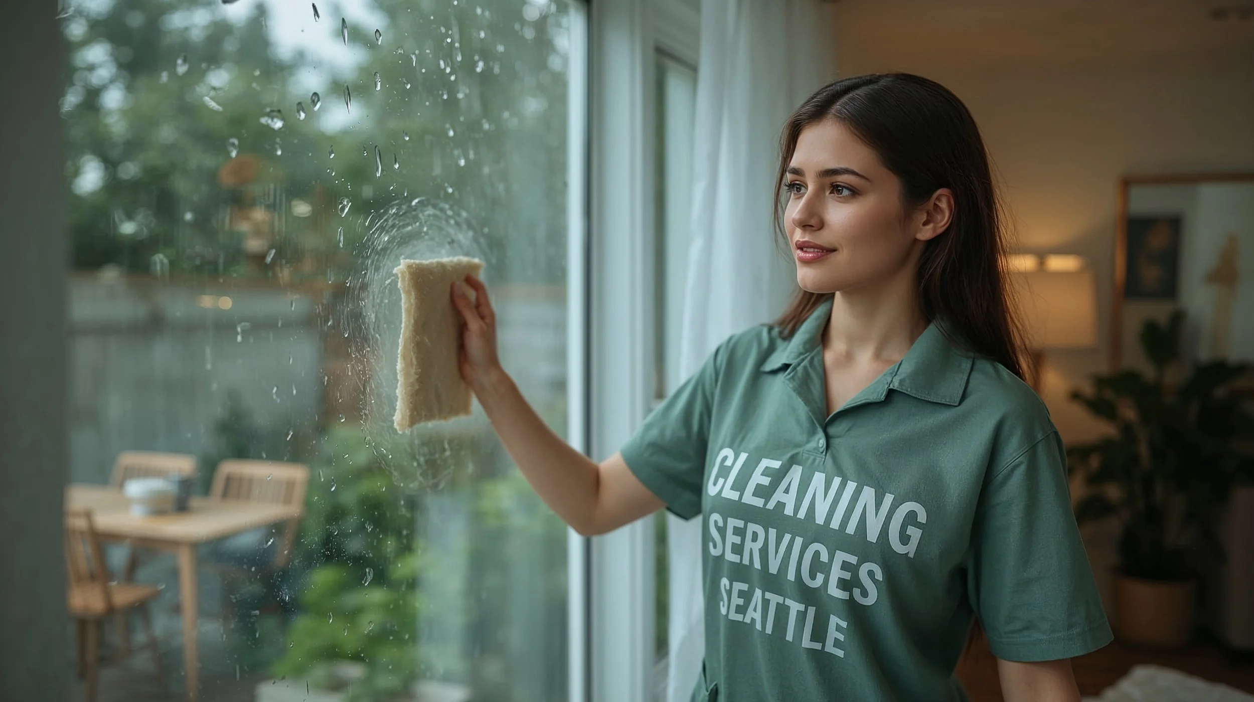 Happy house cleaner cleaning window in Central District Seattle home