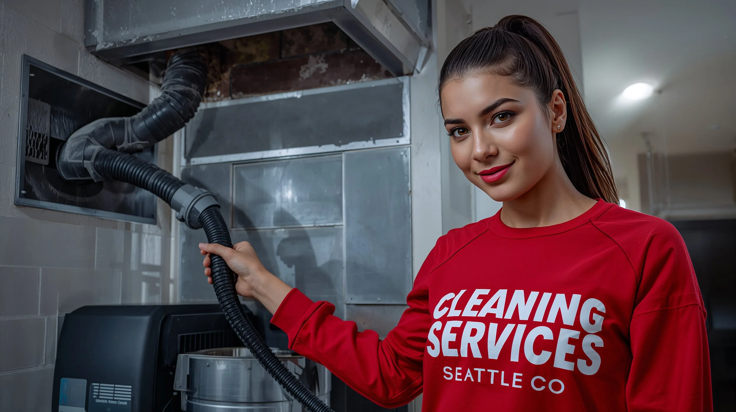 Female vent technician using professional duct cleaning equipment in a Seattle residential home.