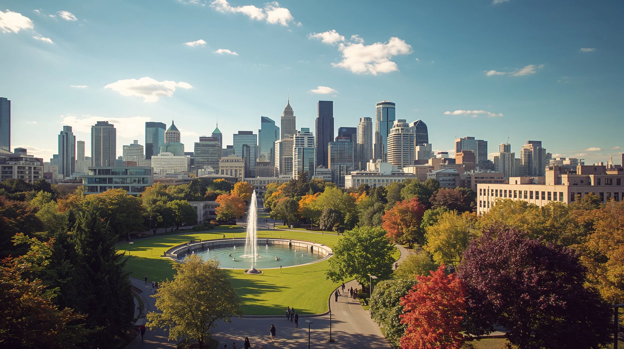 Bellevue skyline and Downtown Park with fountains and green space.