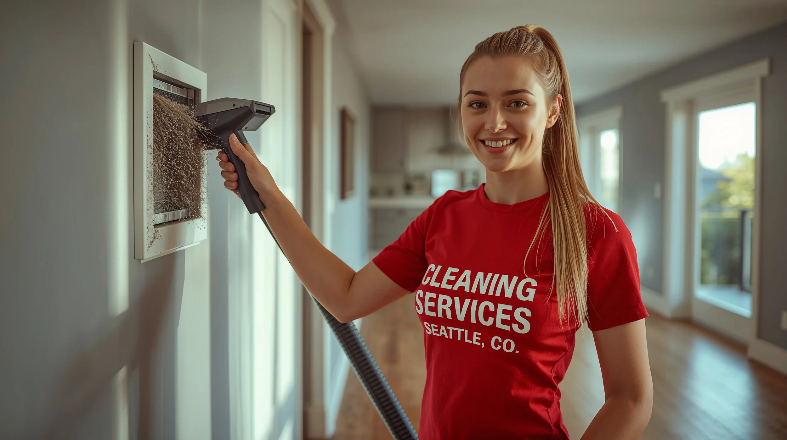 Female technician cleaning residential wall air vent in a Seattle luxury home while wearing a red Cleaning Services Seattle Co uniform.