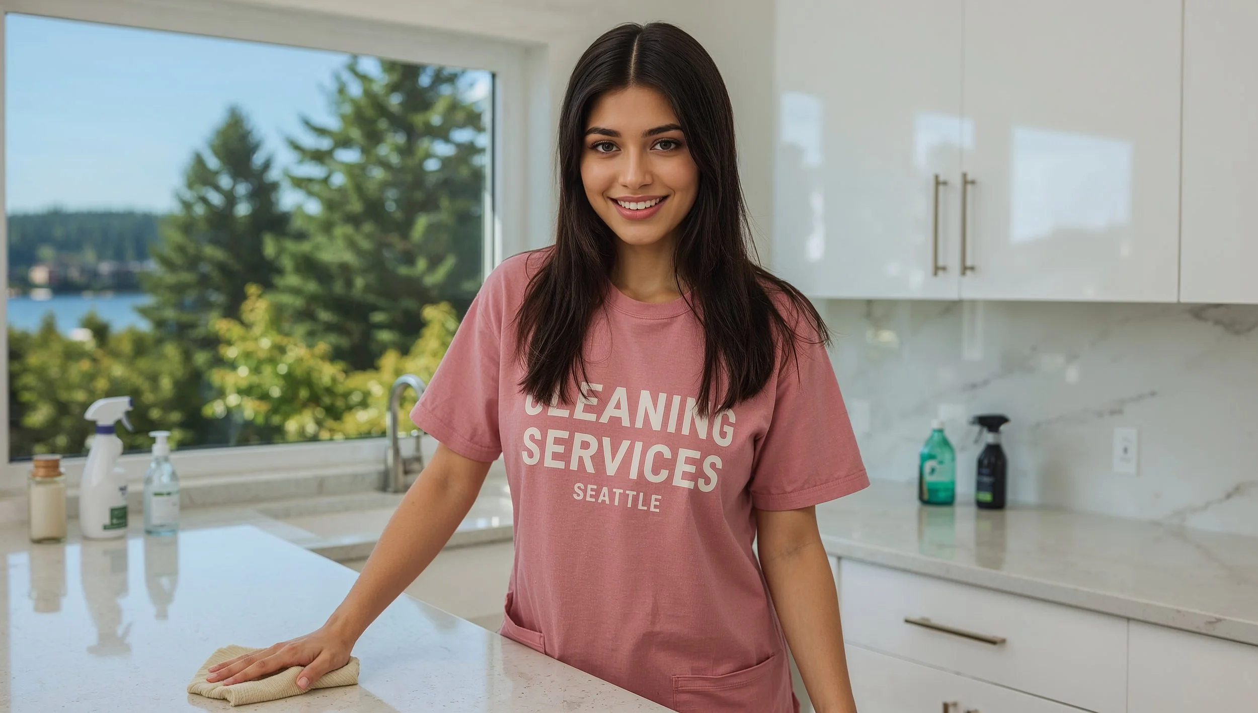 Colombian female cleaner wiping kitchen counters in a Haller Lake Seattle home wearing a pink Cleaning Services Seattle uniform.