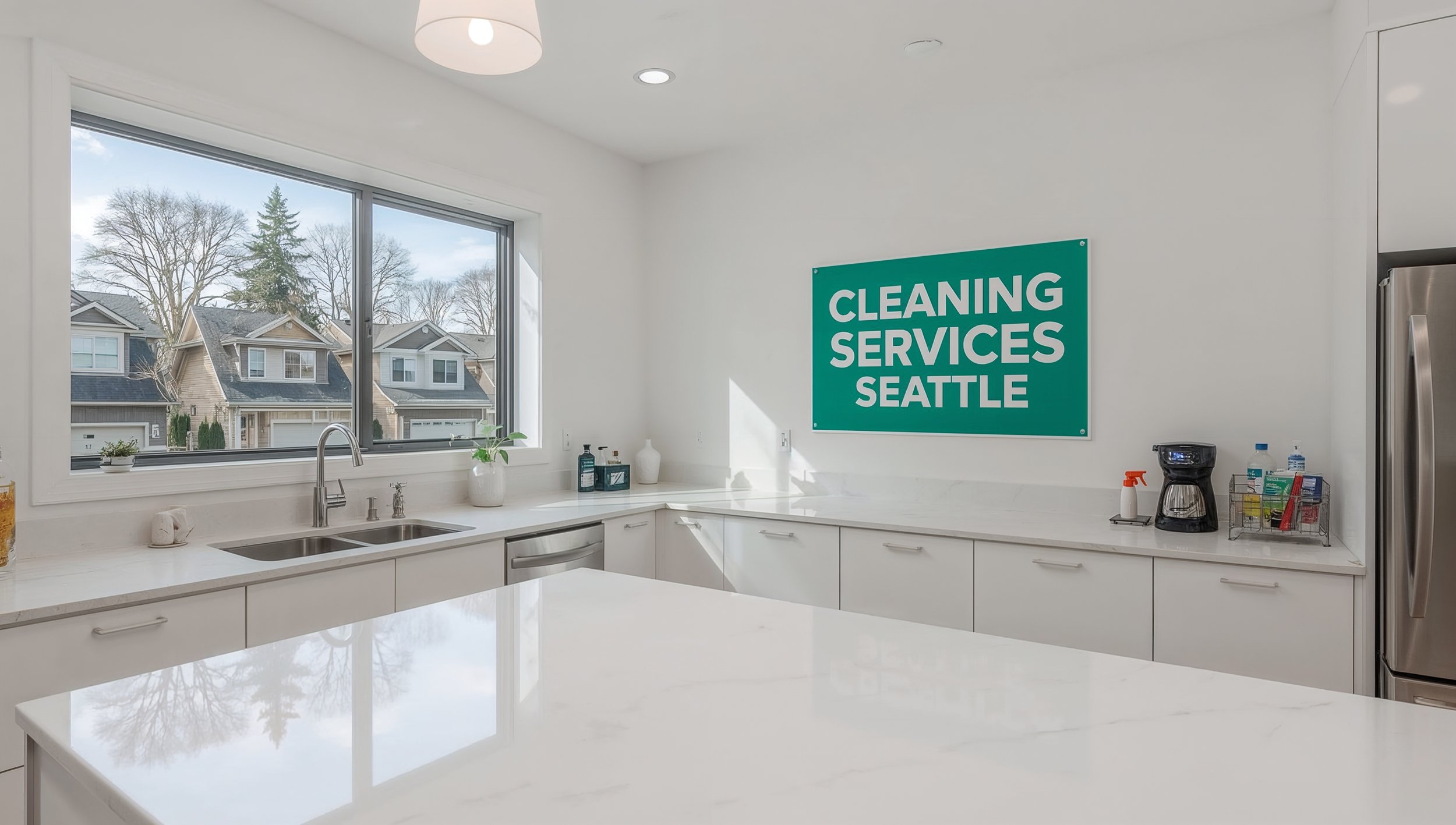 Spotless Greenwood Seattle kitchen showcasing Cleaning Services Seattle branding and professional cleaning results.