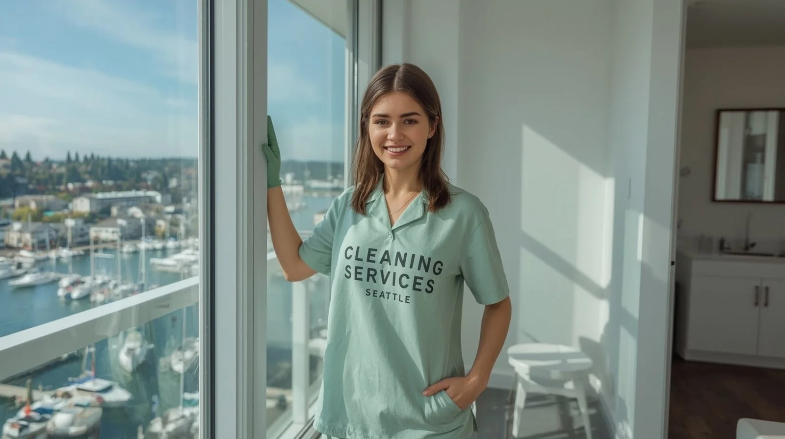 Cleaner washing glass doors in Ballard condo overlooking Salmon Bay marina