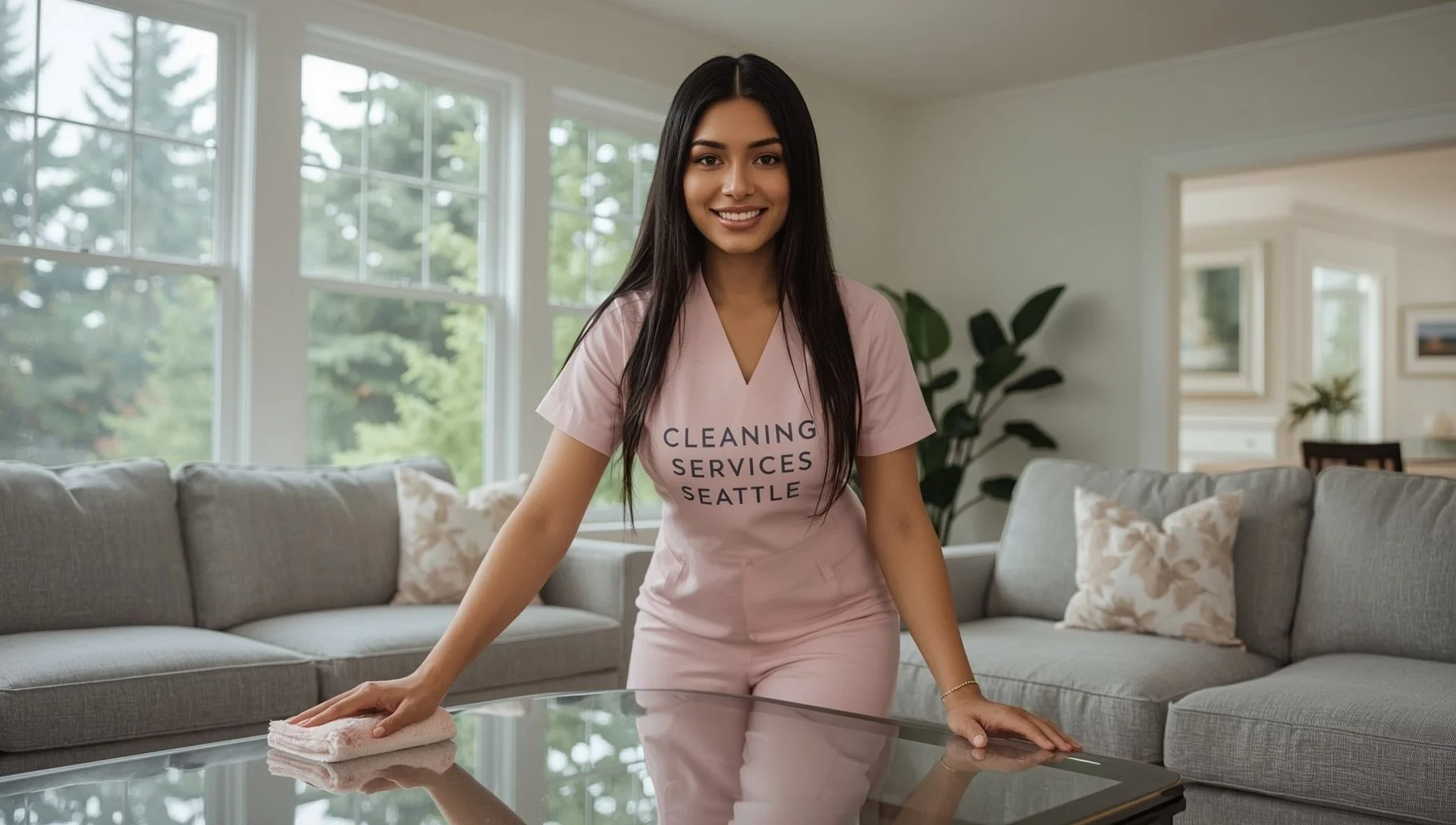 Freshly cleaned Seattle living room featuring Cleaning Services Seattle branding.