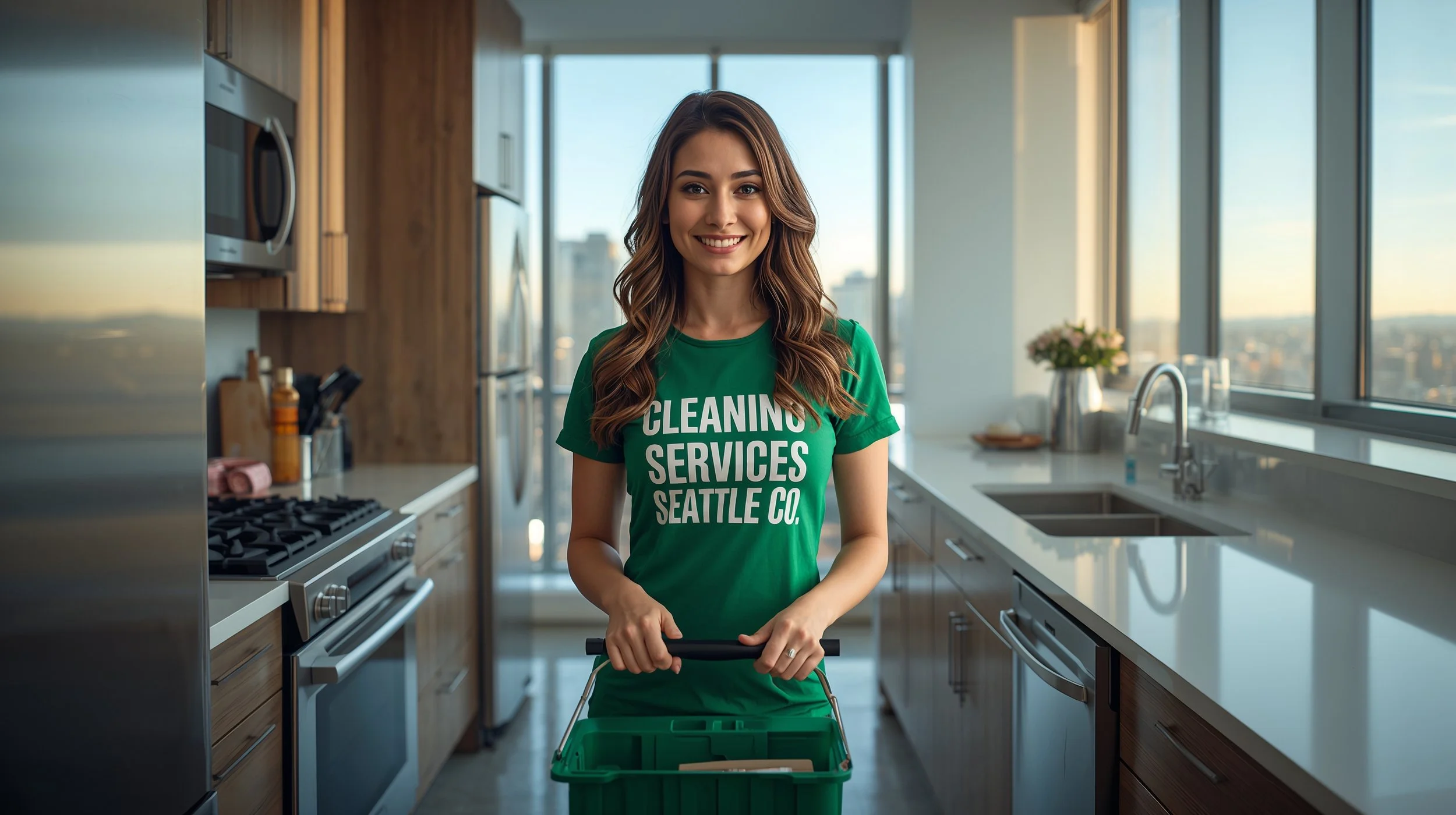 Cleaner with cleaning tools in spotless Seattle high rise kitchen after turnover cleaning