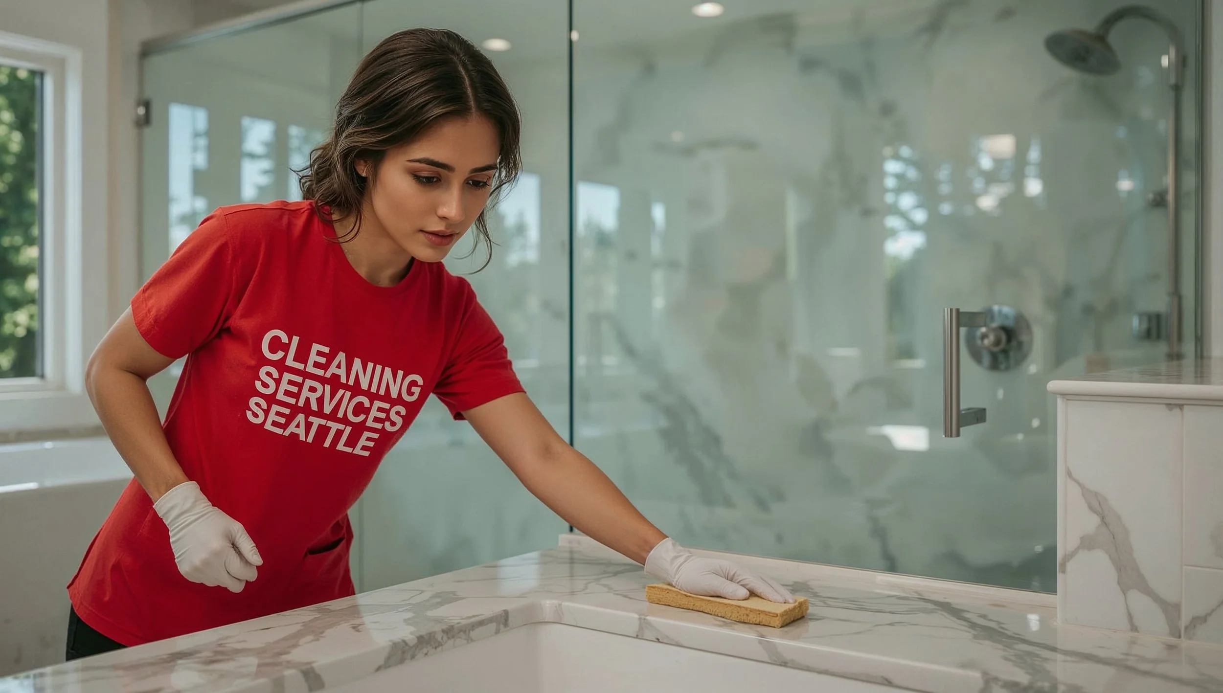 Brazilian cleaner scrubbing bathroom tiles in a Green Lake Seattle home