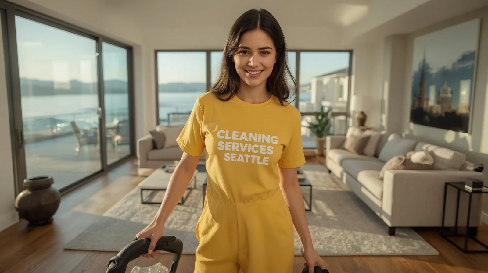 Joyful professional cleaner in yellow uniform cleaning a luxury Denny-Blaine living room overlooking Lake Washington