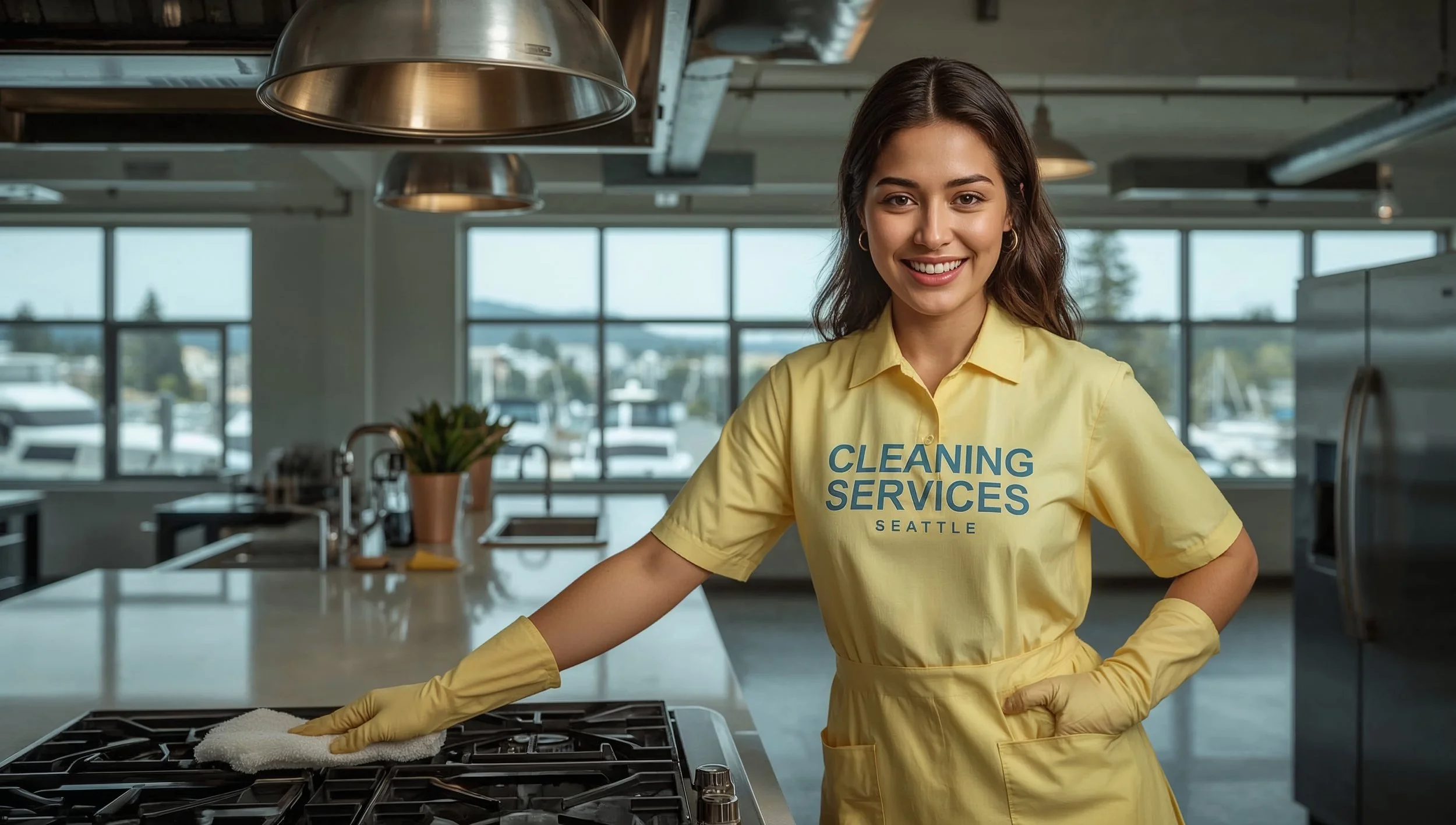 Kitchen cleaning service in Leschi Seattle with joyful professional cleaner