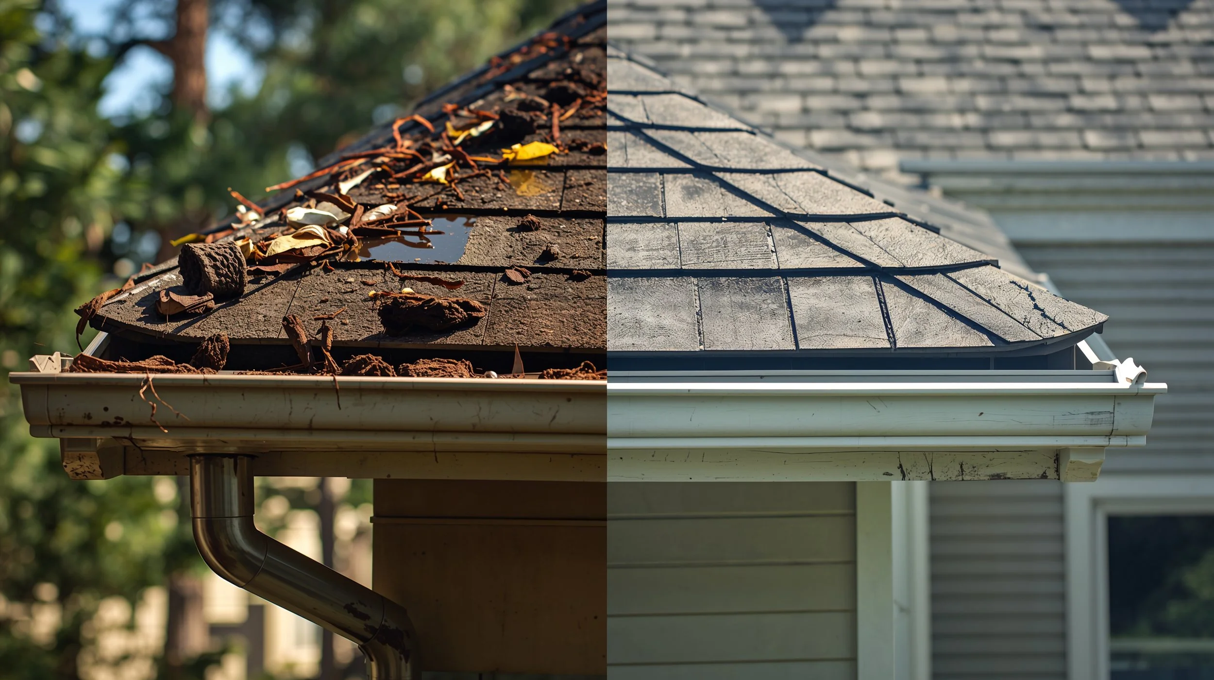 Before and after comparison of clogged gutters and professionally cleaned gutters