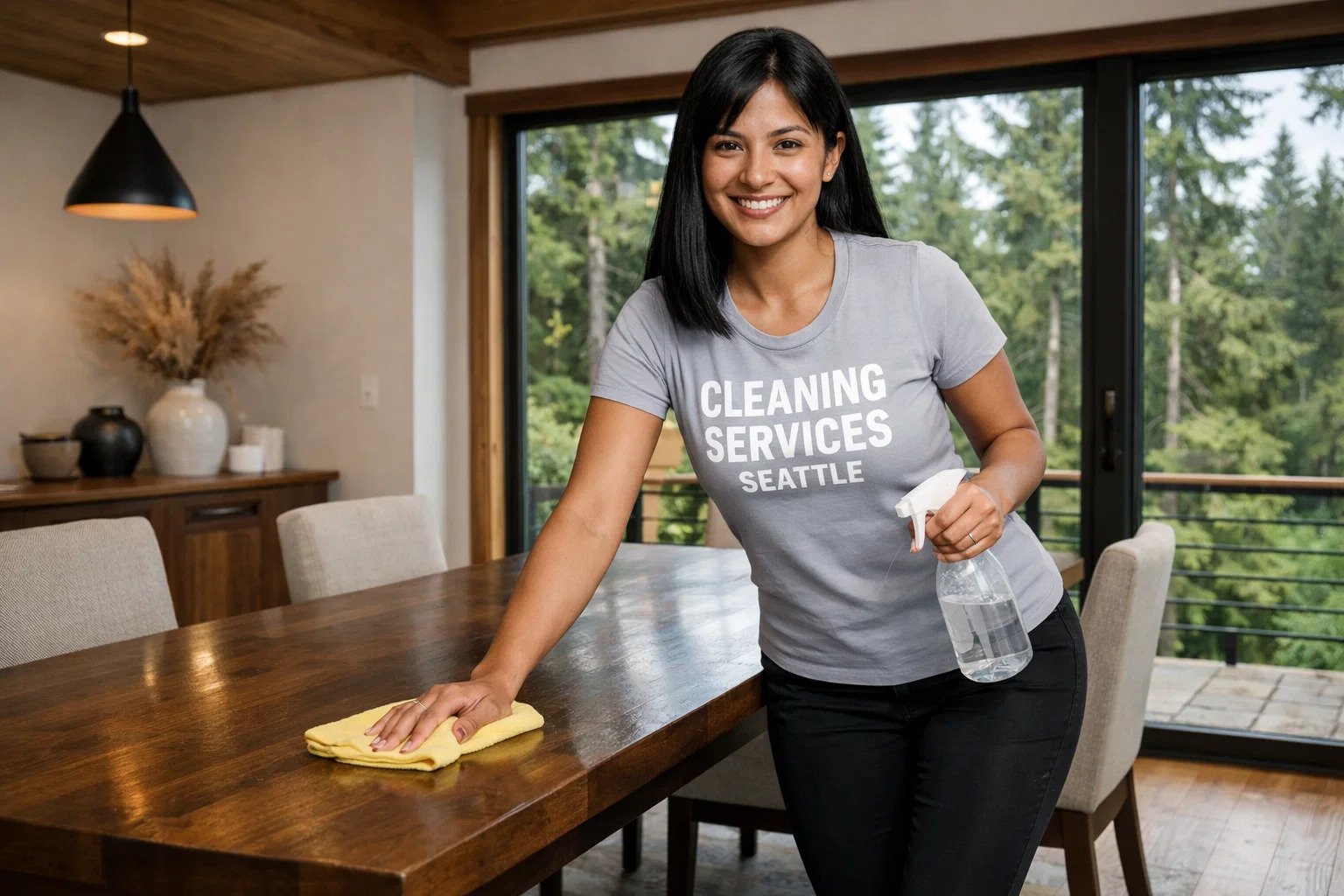 Peruvian house cleaner polishing a dining table in a Blue Ridge Seattle home wearing CLEANING SERVICES SEATTLE uniform