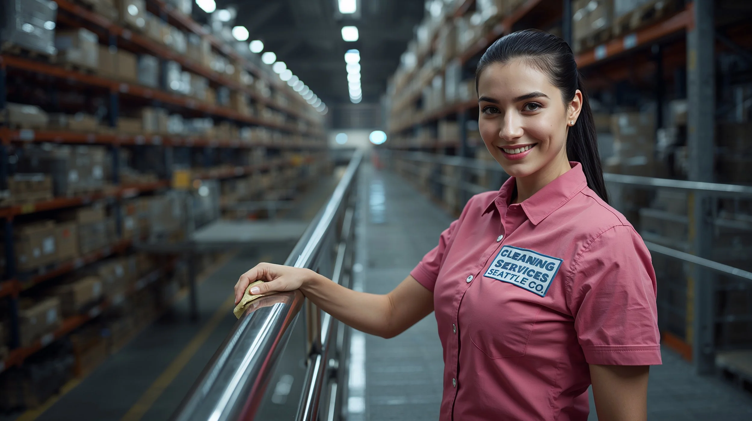 Professional cleaner wiping safety railings on an elevated platform inside a Seattle warehouse facility.