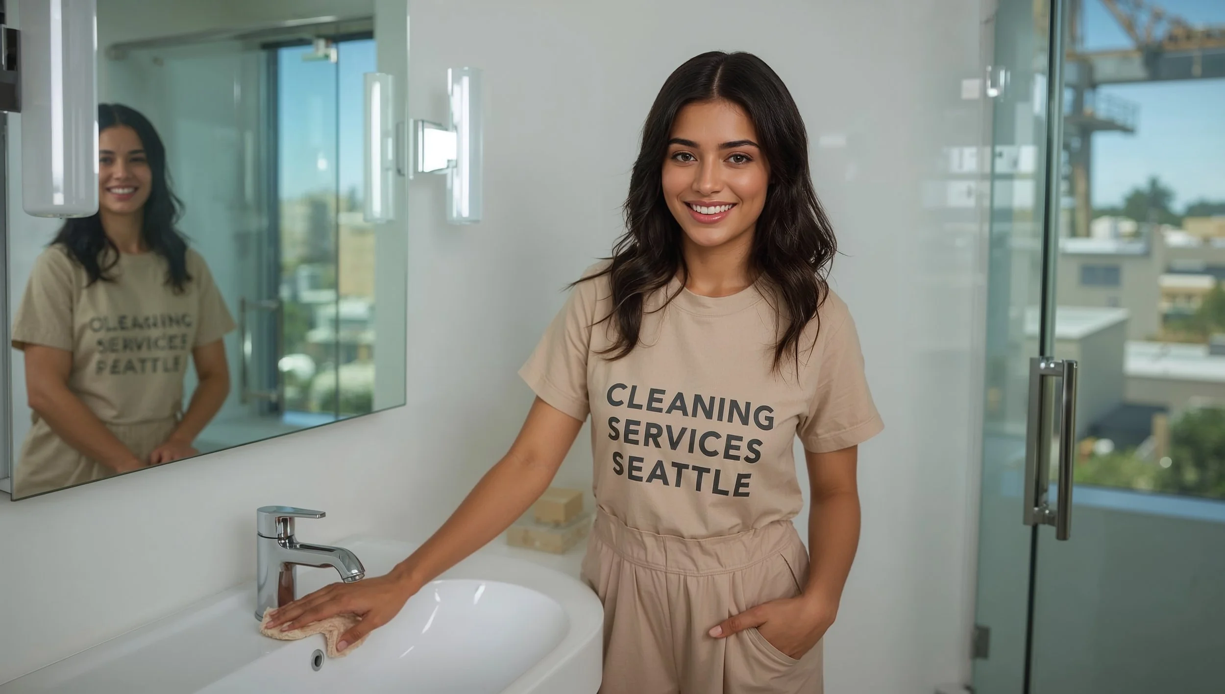 Brazilian cleaning professional scrubbing a bathroom in an Interbay Seattle condo with shipyard views.