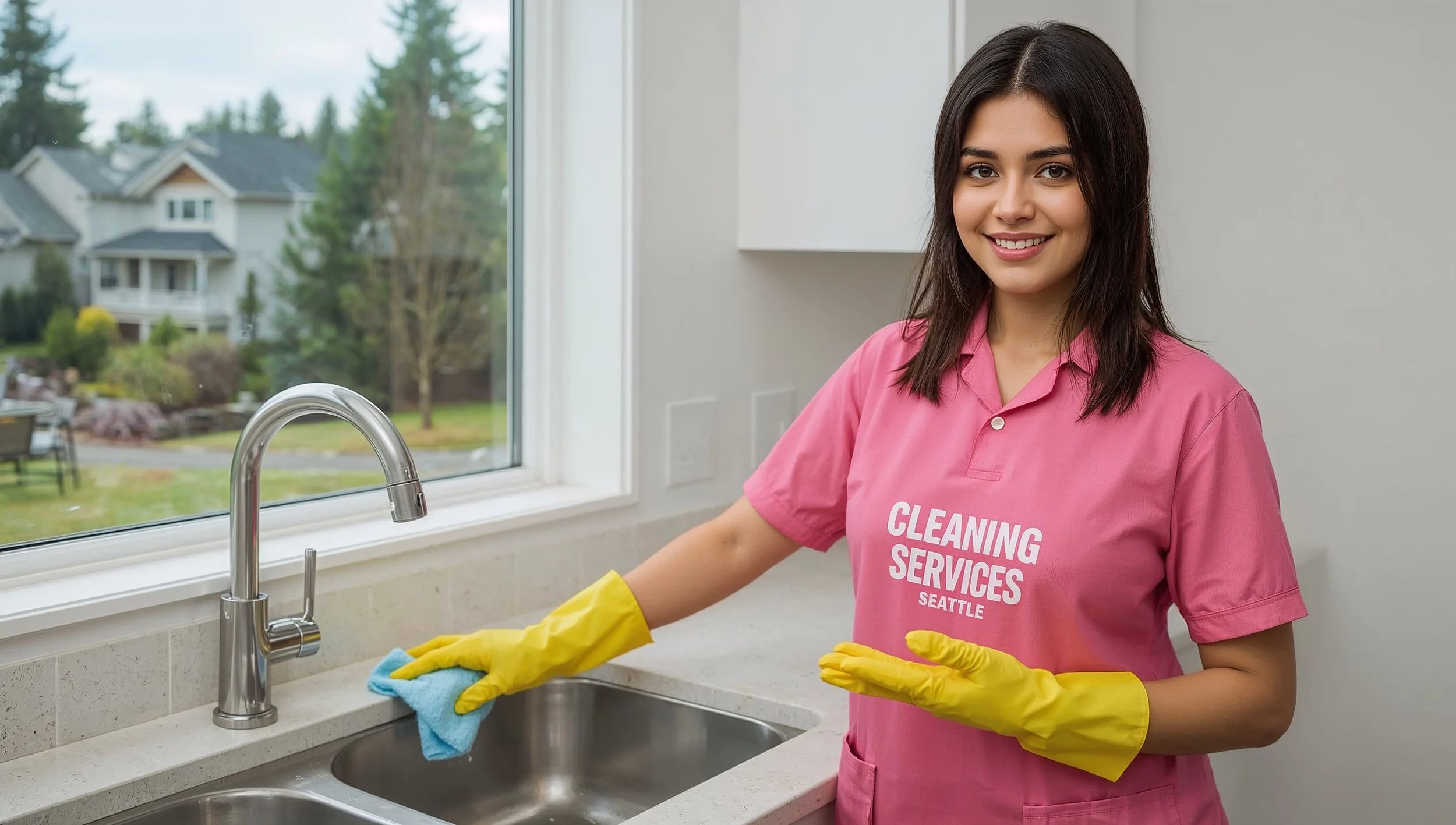 Guatemalan female cleaner scrubbing a kitchen sink in a Haller Lake Seattle home wearing a pink Cleaning Services Seattle uniform.