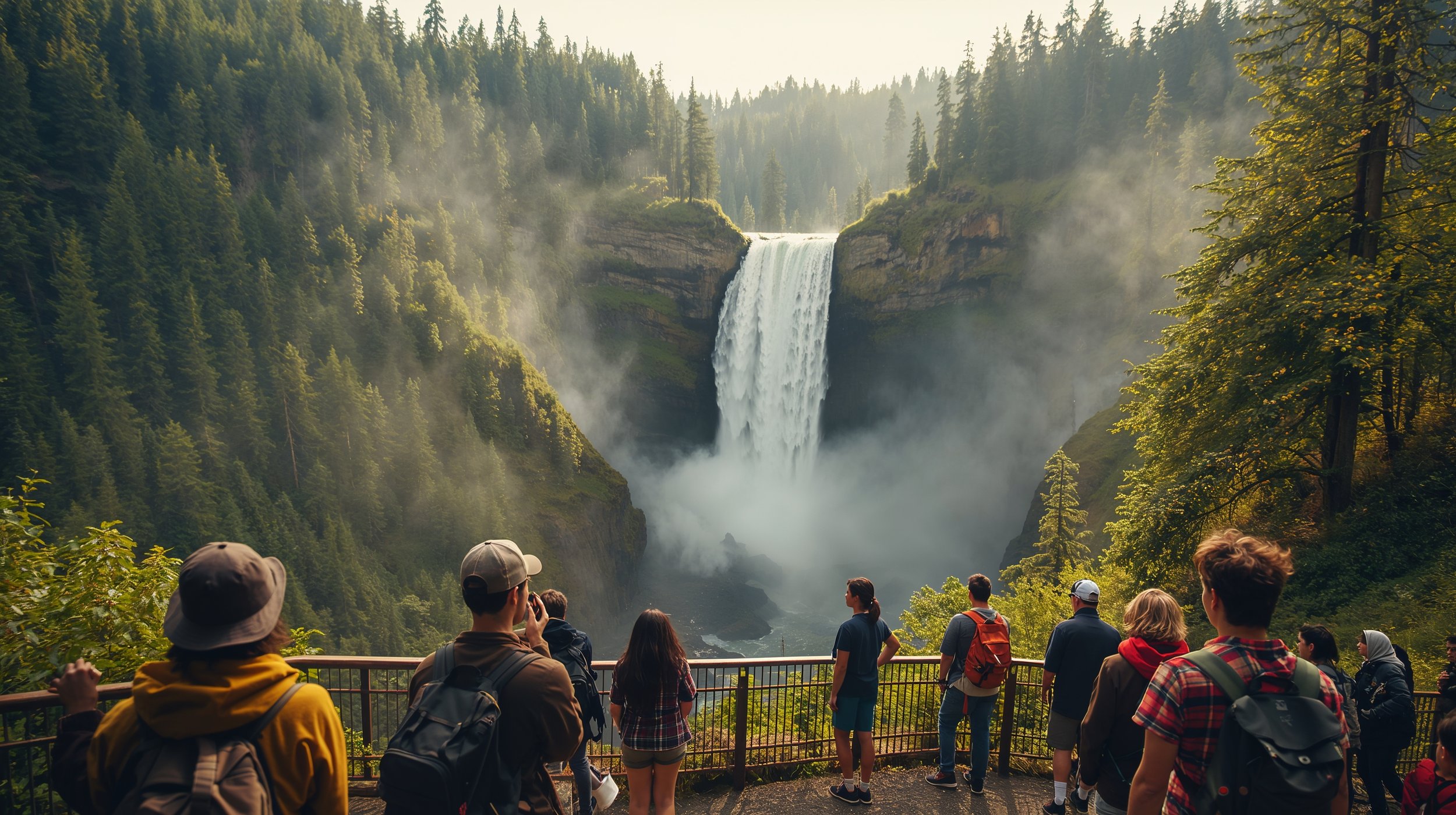 Visitors viewing Snoqualmie Falls waterfall in Washington State.