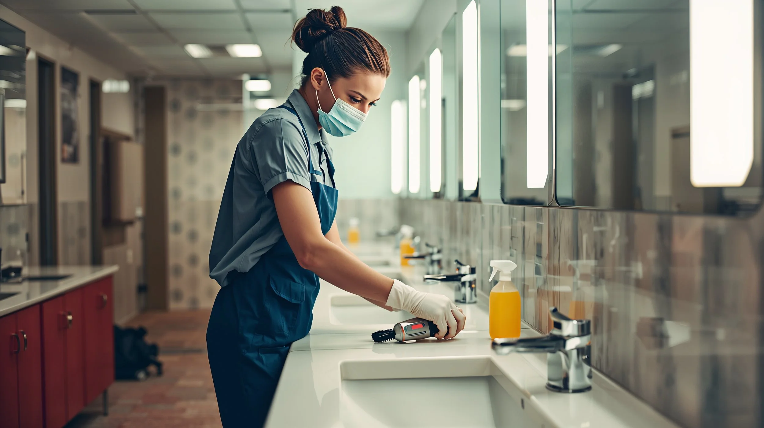 Professional cleaner disinfecting sinks in an office restroom.