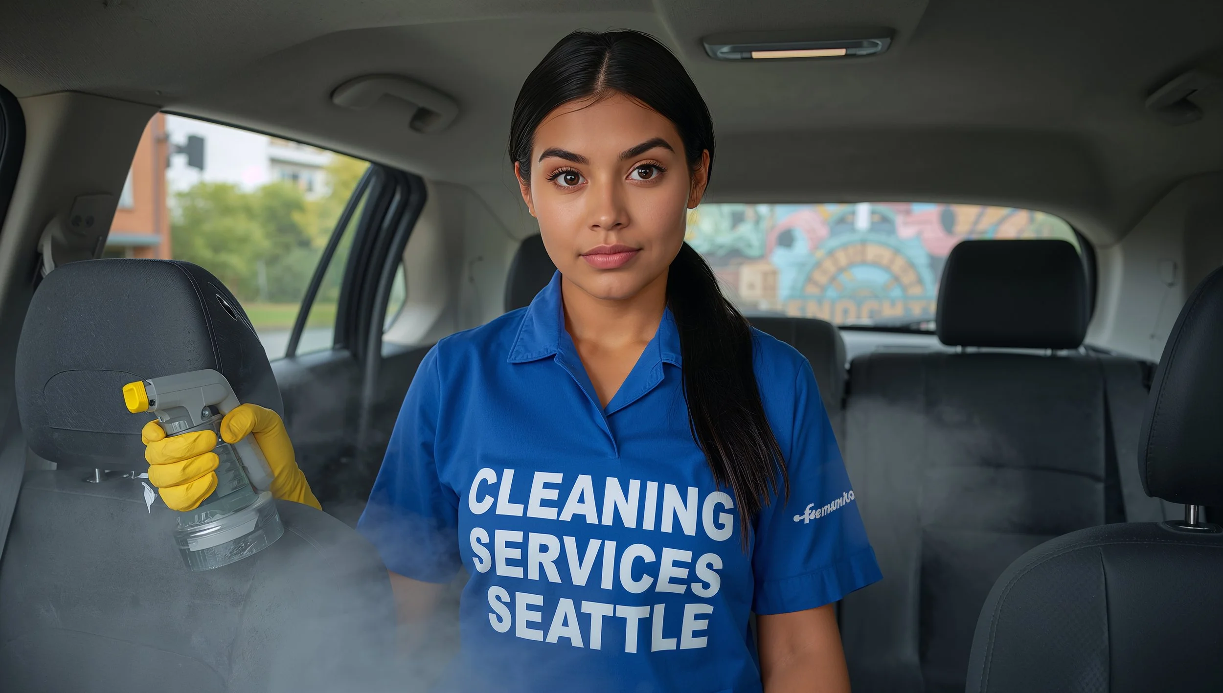 Peruvian woman in blue uniform steam-cleaning car seats at a Seattle home near the Fremont Troll.