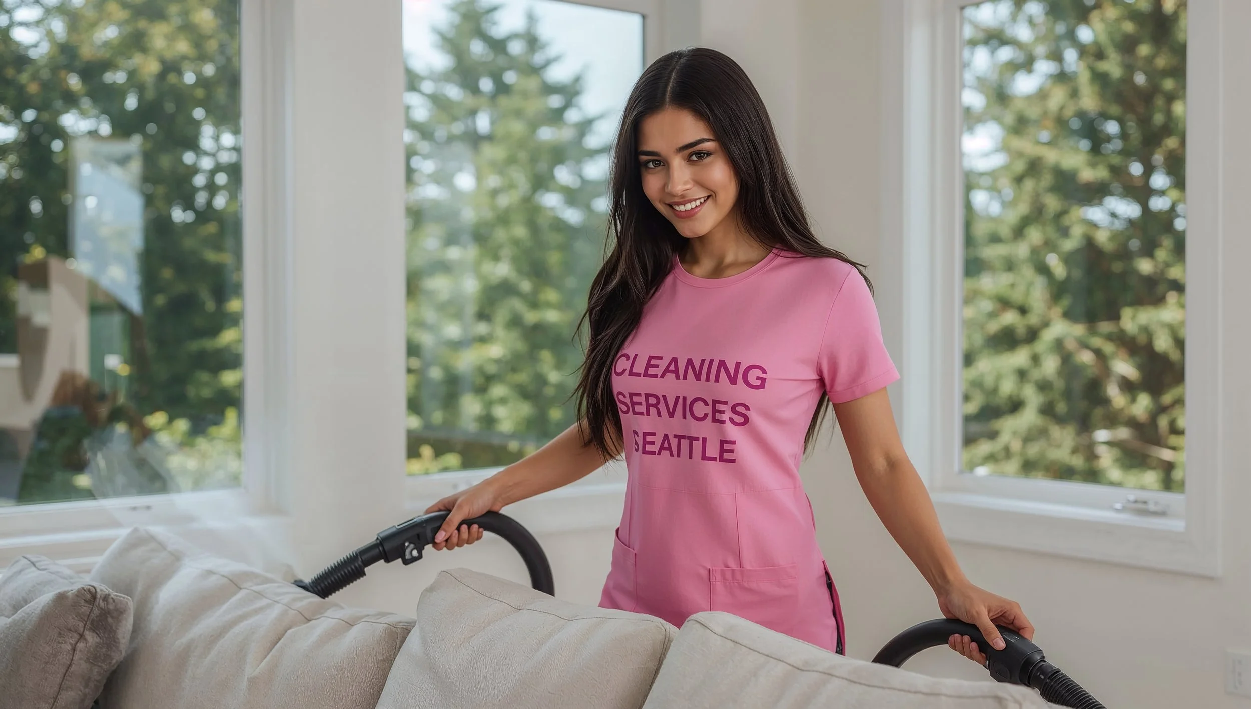 Venezuelan female cleaner steam-cleaning a sofa in a Haller Lake Seattle home wearing a pink Cleaning Services Seattle uniform.
