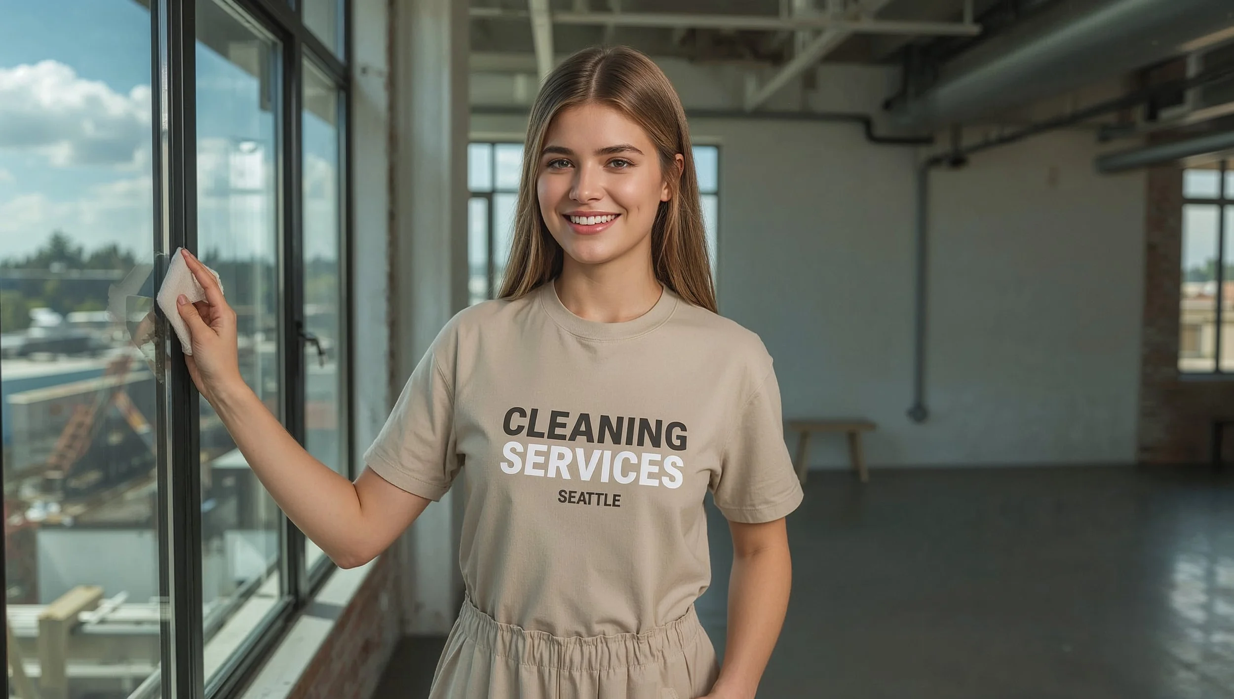 Ukrainian professional cleaner polishing windows inside an Interbay Seattle industrial loft home with Magnolia Bridge visible.