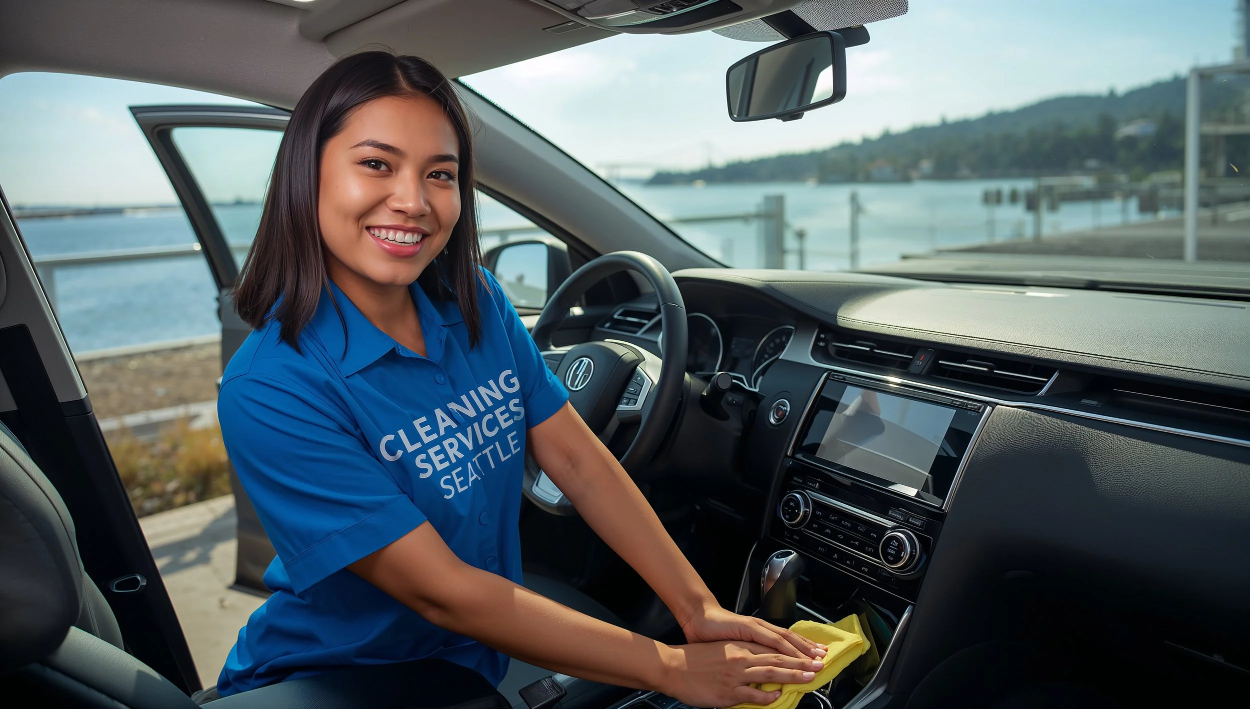 Honduran cleaner polishing car interior near a Seattle waterfront home.