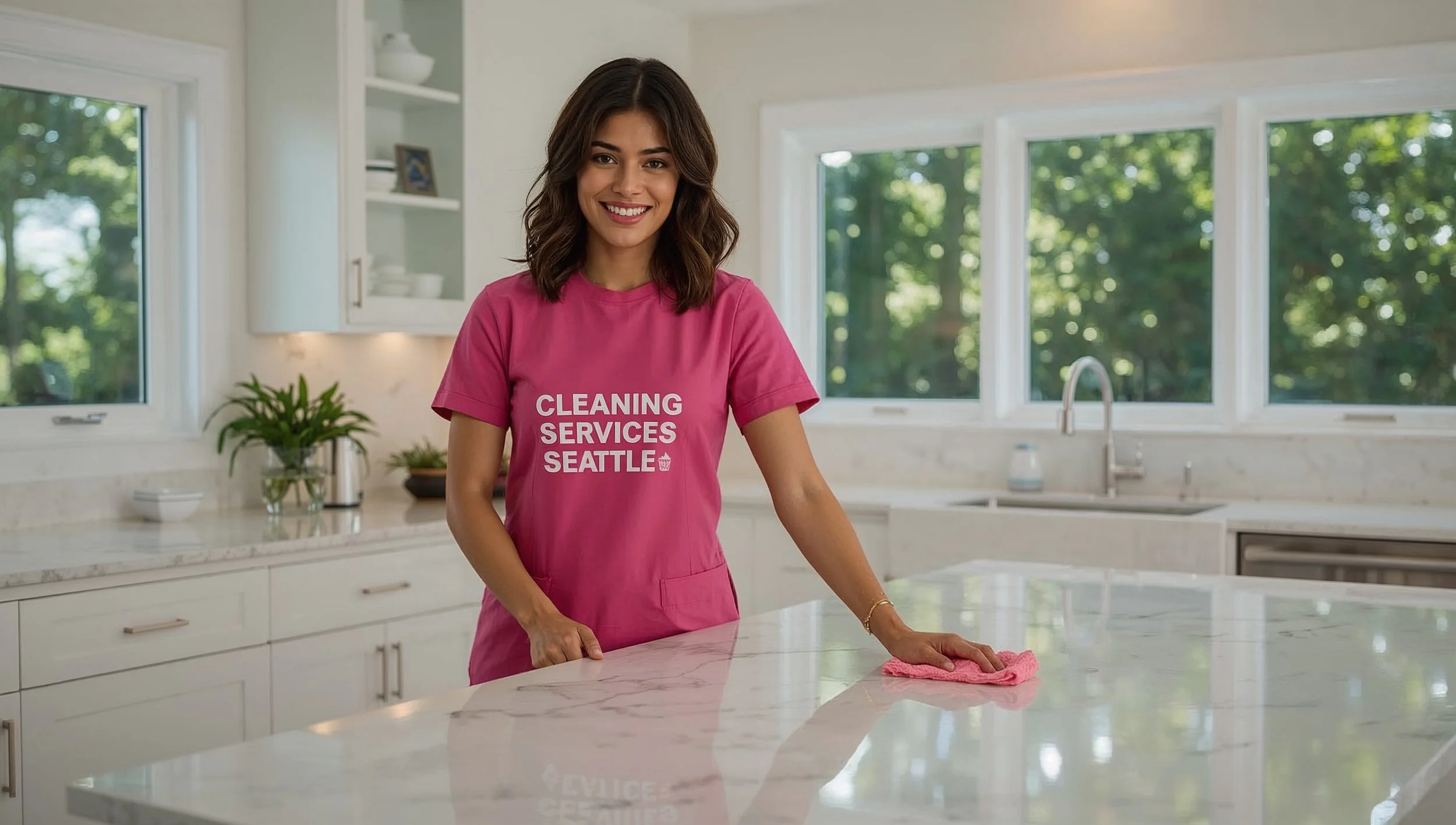 Venezuelan cleaner wiping a freshly cleaned kitchen in a Madison Valley Seattle home wearing Cleaning Services Seattle uniform