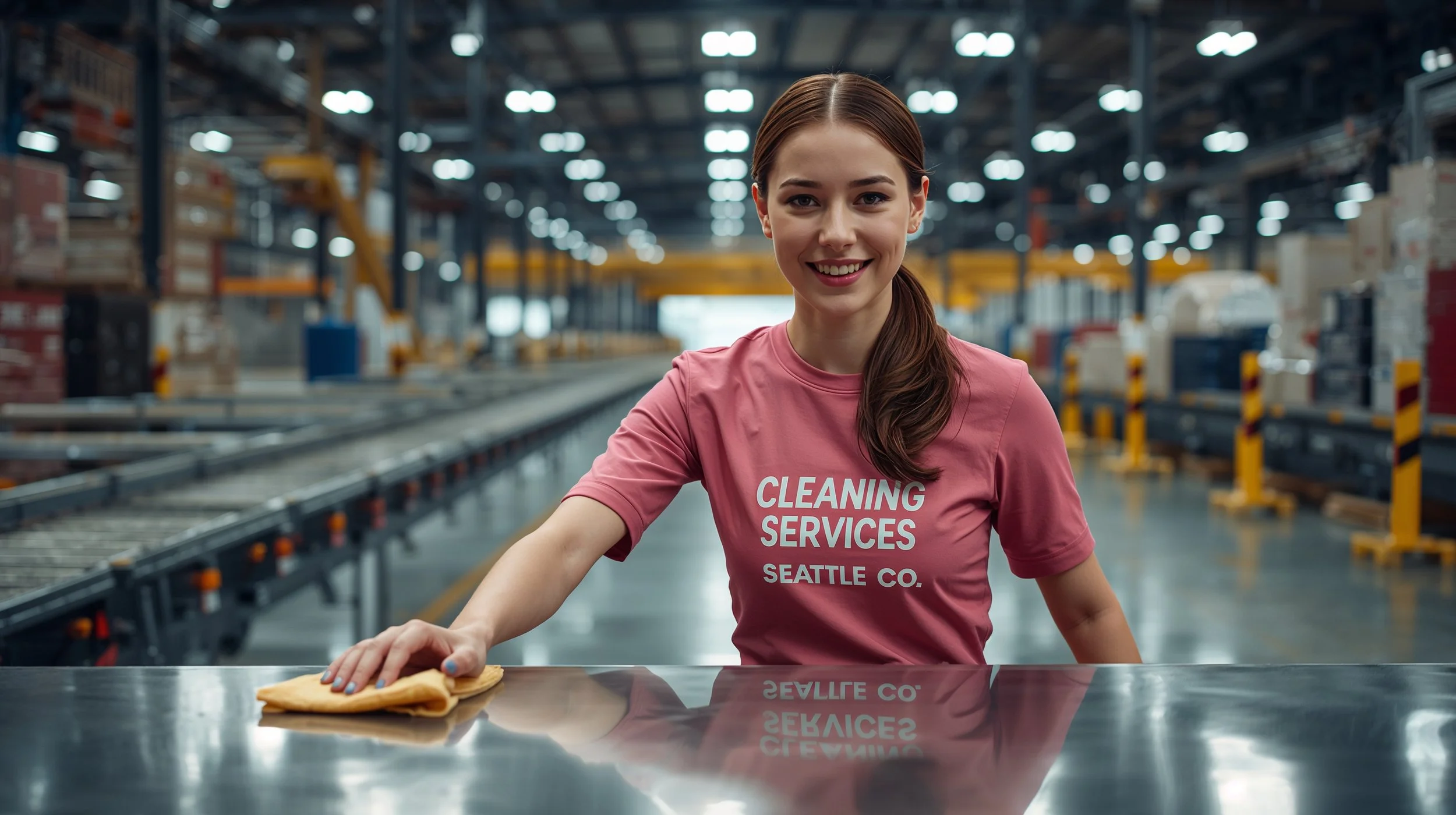 Warehouse cleaner polishing a workstation surface inside a busy Seattle shipping warehouse.