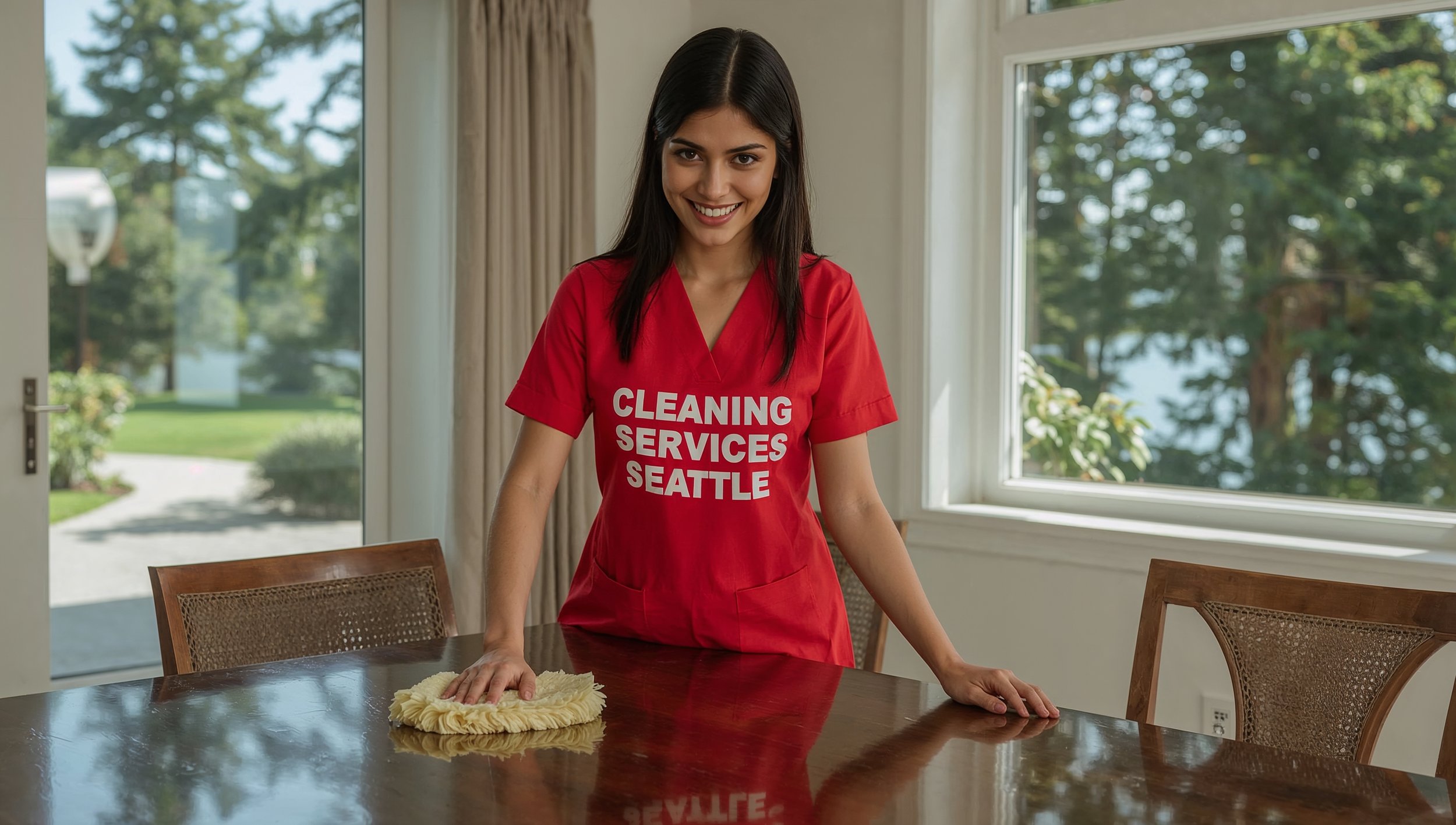Peruvian house cleaner polishing dining table in a Green Lake Seattle home