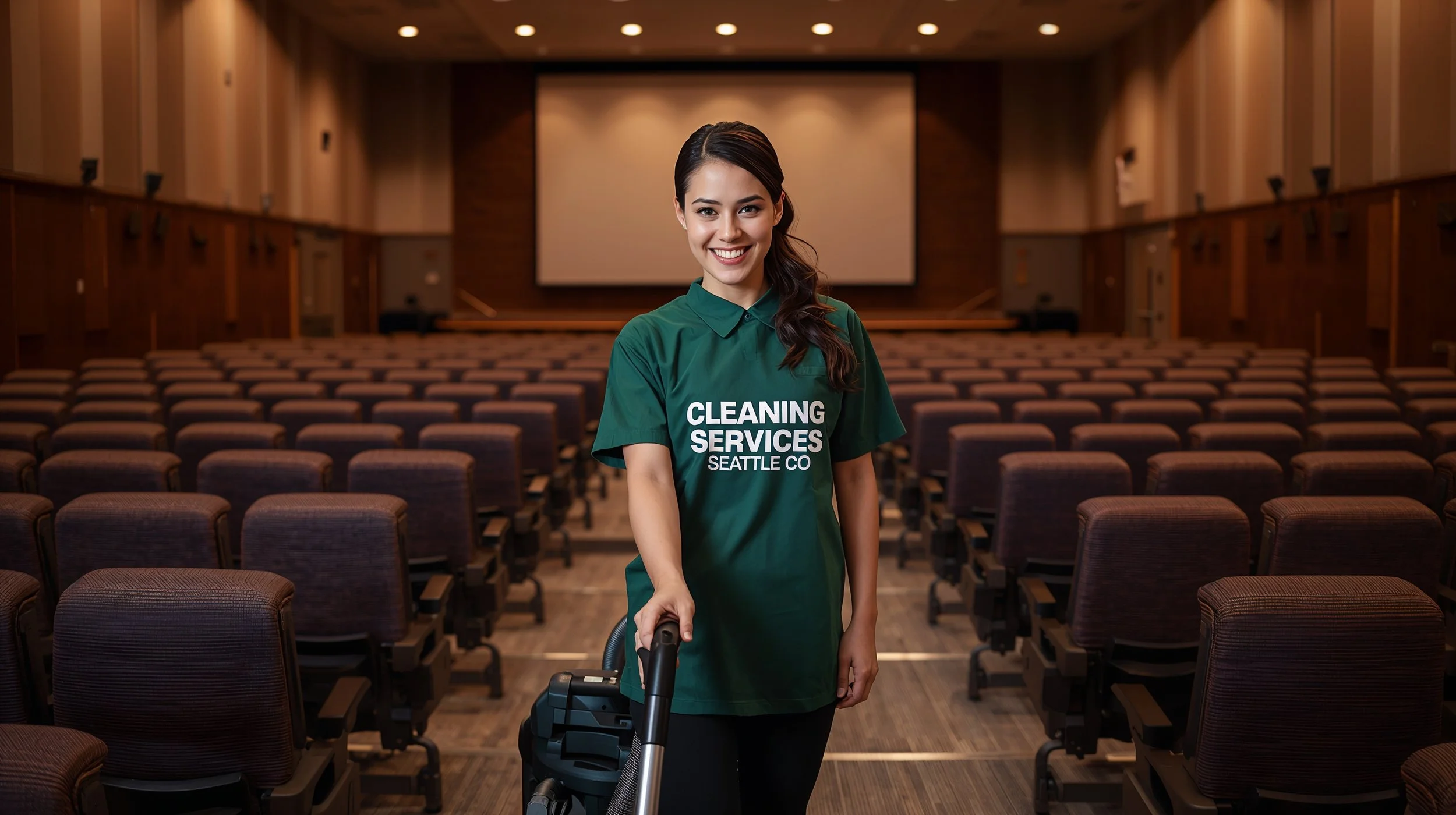 Professional female cleaner vacuuming carpet aisle inside a university lecture hall in Seattle