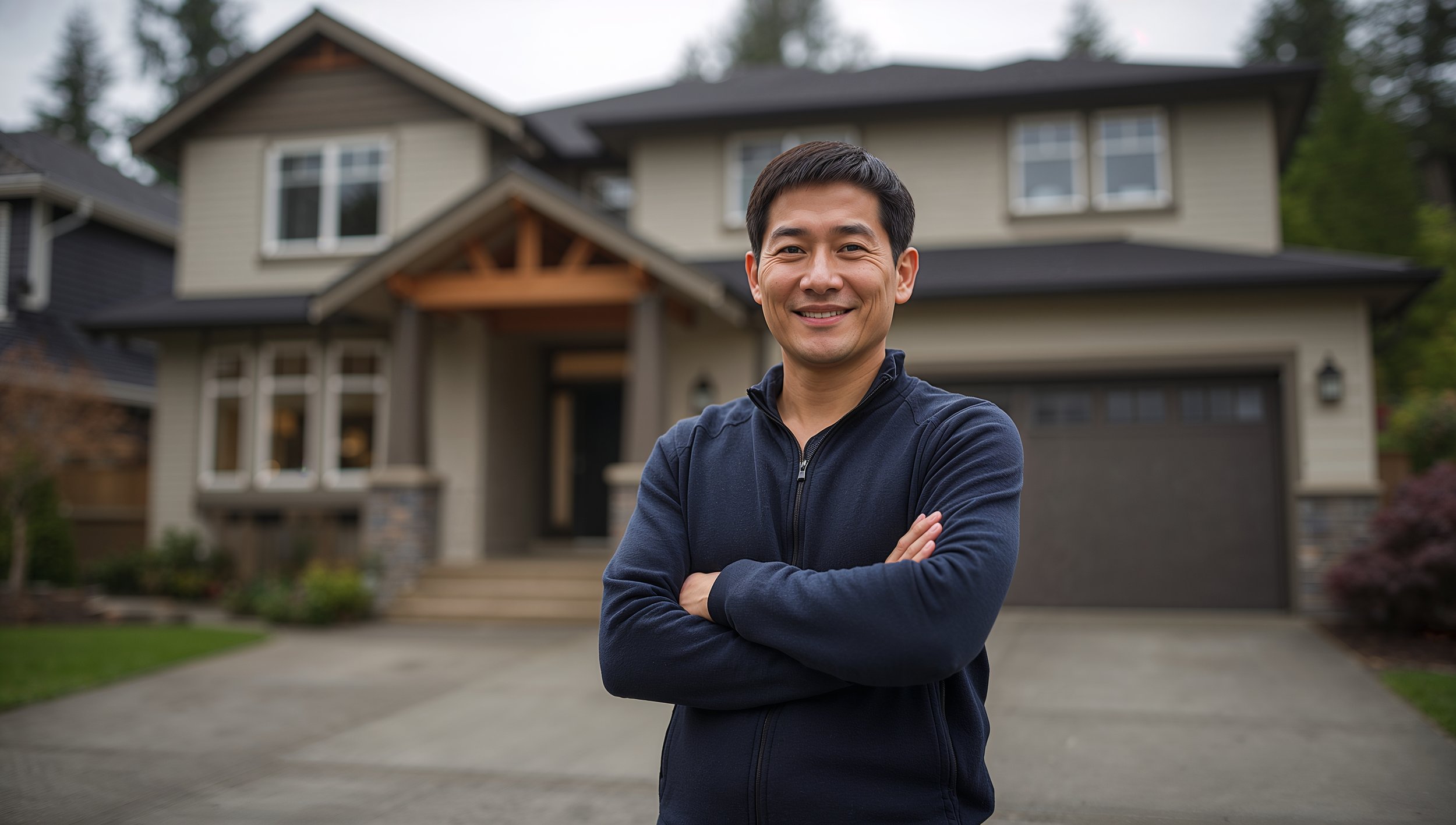 Asian male homeowner standing outside his Seattle craftsman home with garage and driveway visible behind him.