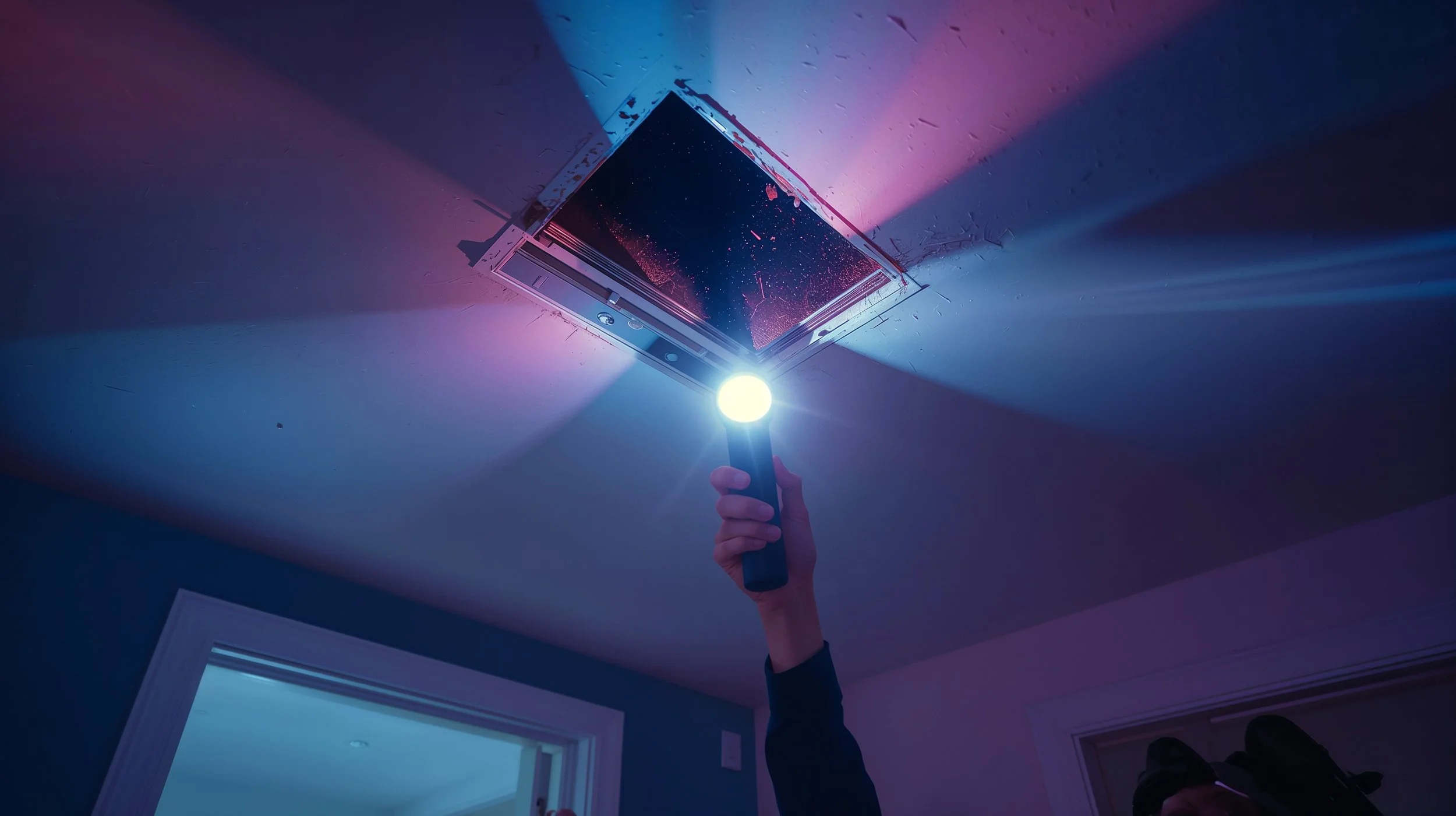 HVAC technician inspecting dusty air ducts inside a home