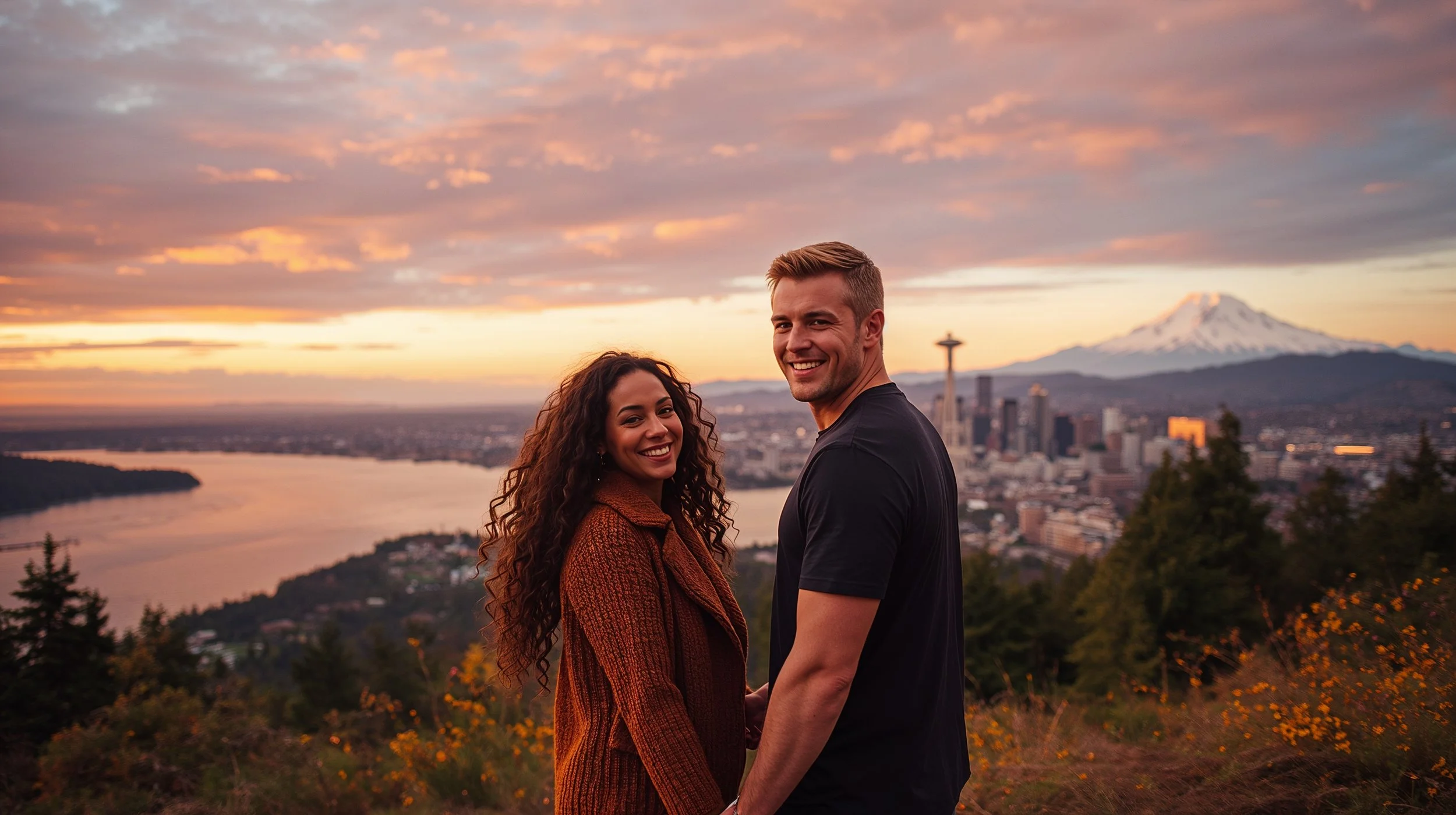 Couple enjoying scenic overlook of Lake Washington from Clyde Hill.
