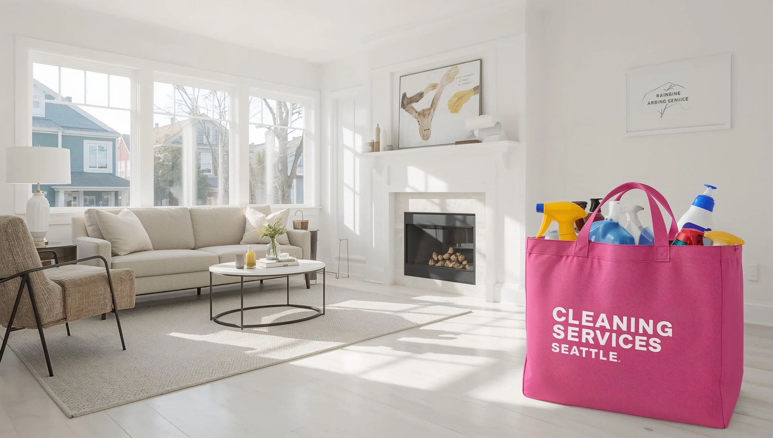 Freshly cleaned Hillman City Seattle living room with visible Cleaning Services Seattle logo and professional cleaning supplies