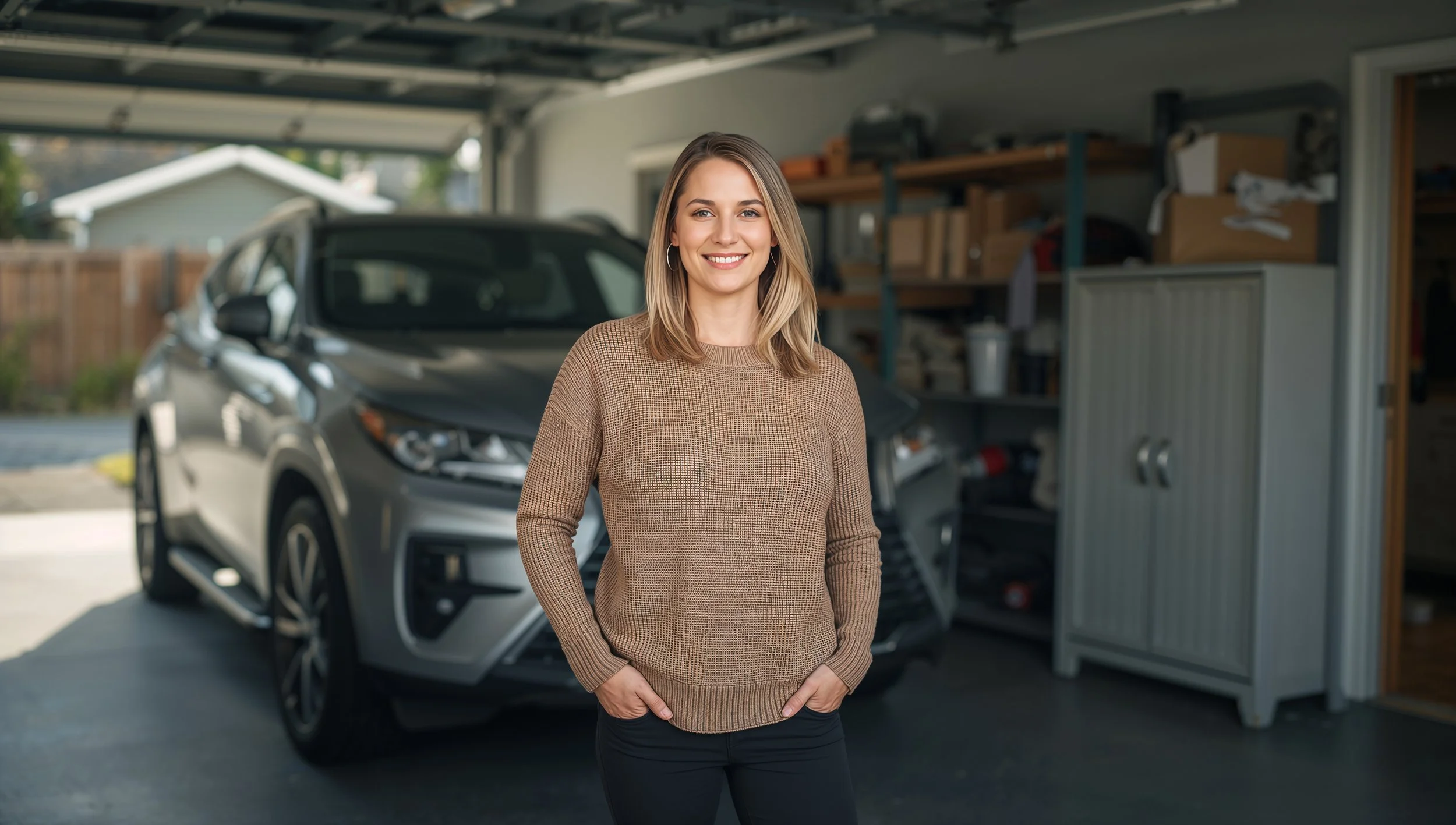 White female homeowner standing inside her Seattle garage with a silver SUV parked behind her.