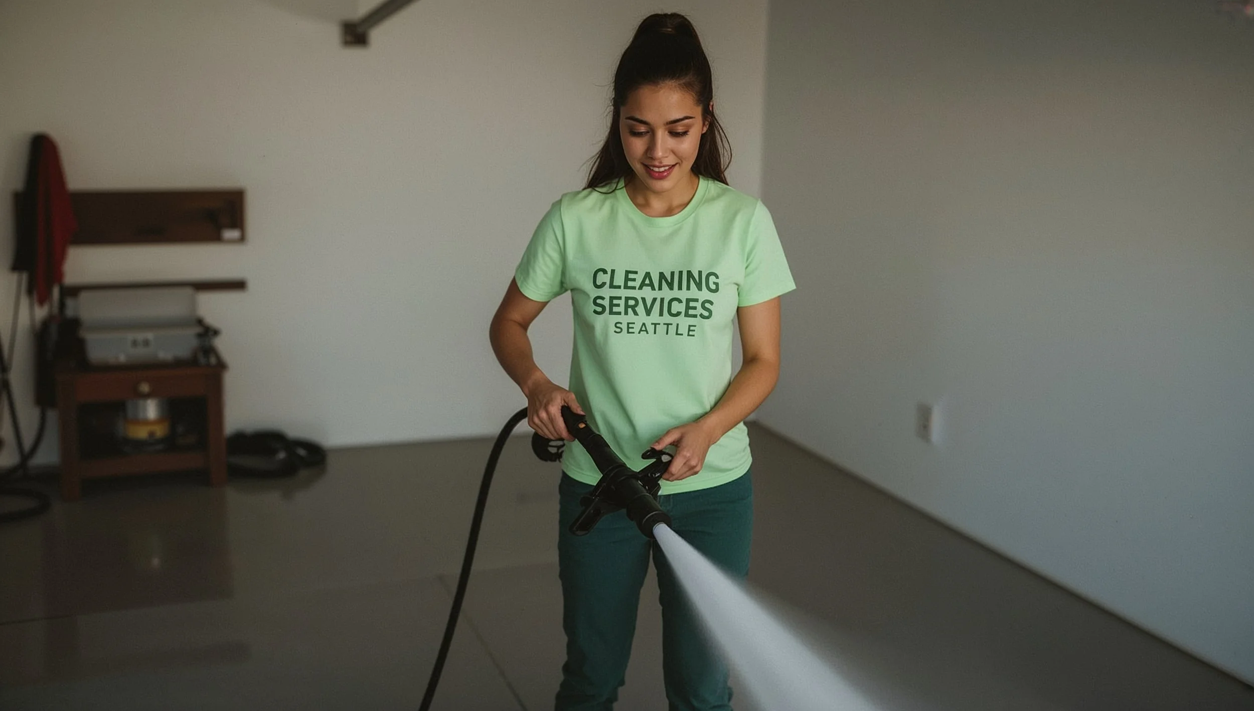 Brazilian cleaner power washing a residential garage in Laurelhurst Seattle