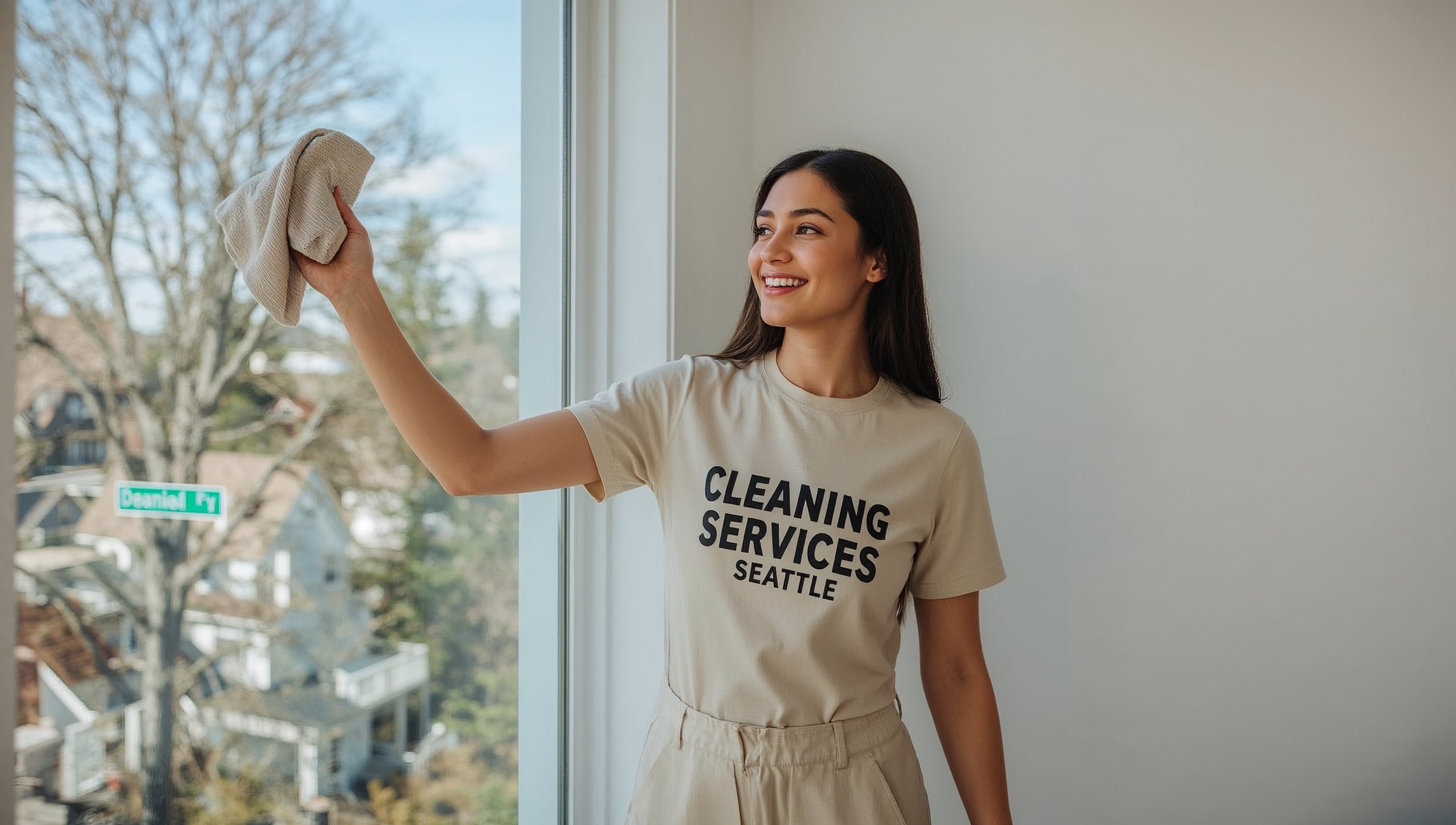 Professional house cleaning service in Greenwood Seattle featuring a joyful cleaner wiping windows inside a Craftsman home with Greenwood Ave visible outside.