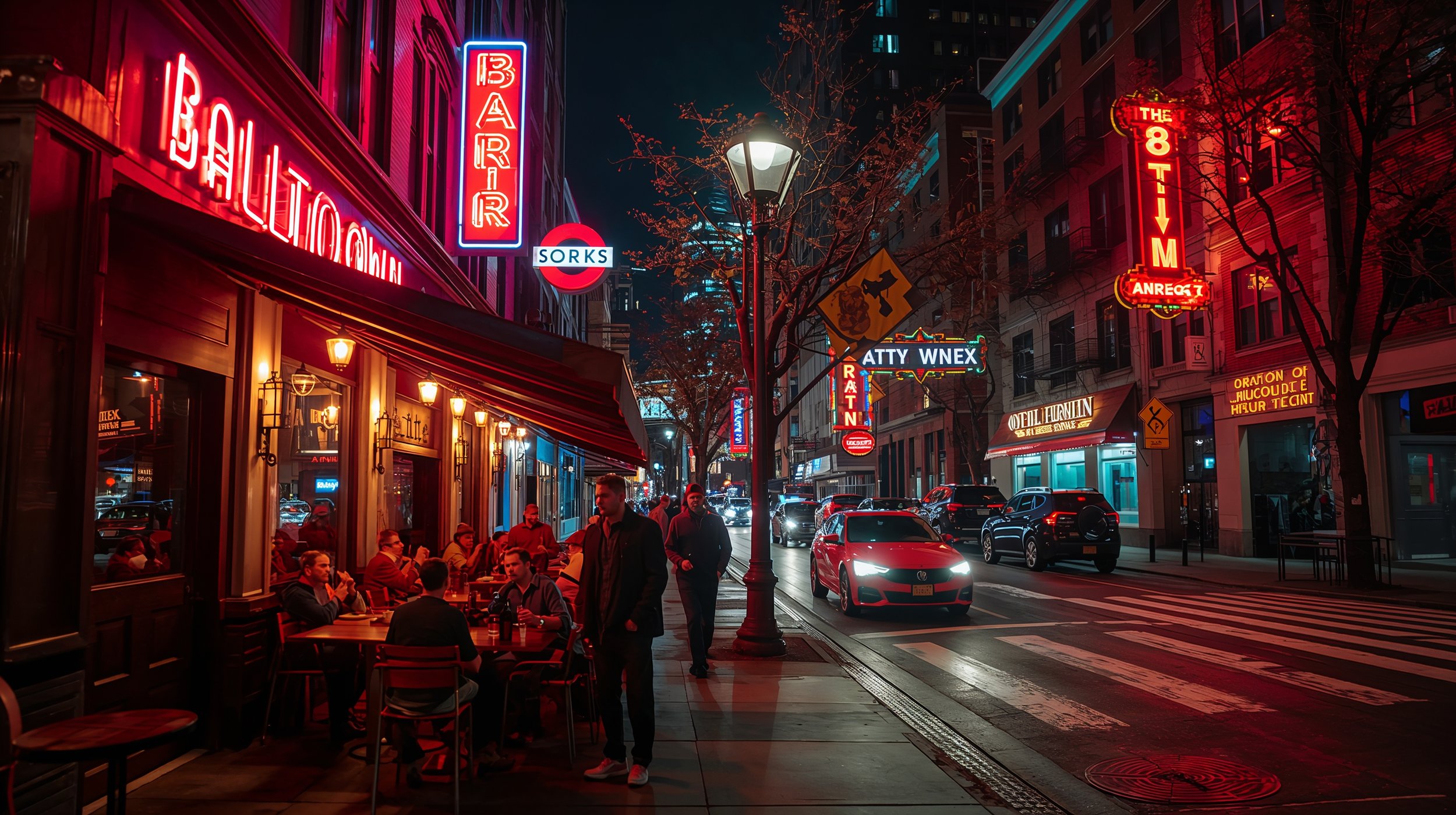 Friends enjoying nightlife and dining outdoors in Seattle’s Belltown district.