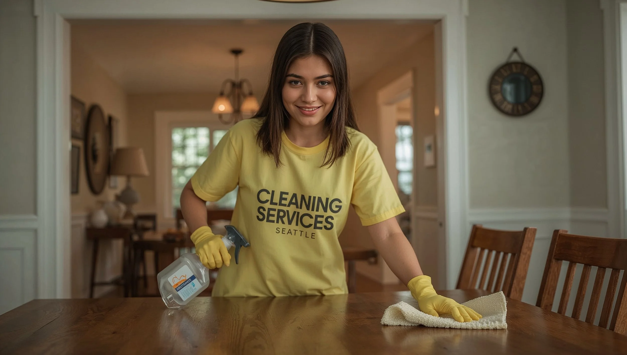 Female cleaner sanitizing dining table in a Harrison Seattle home