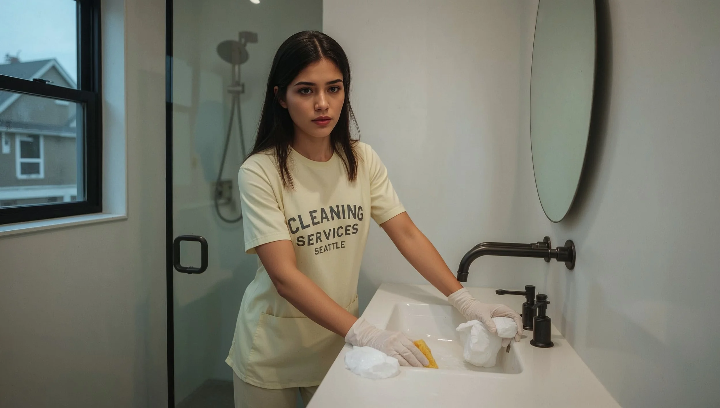 Professional bathroom cleaning in Leschi Seattle home with industrial design and city detail