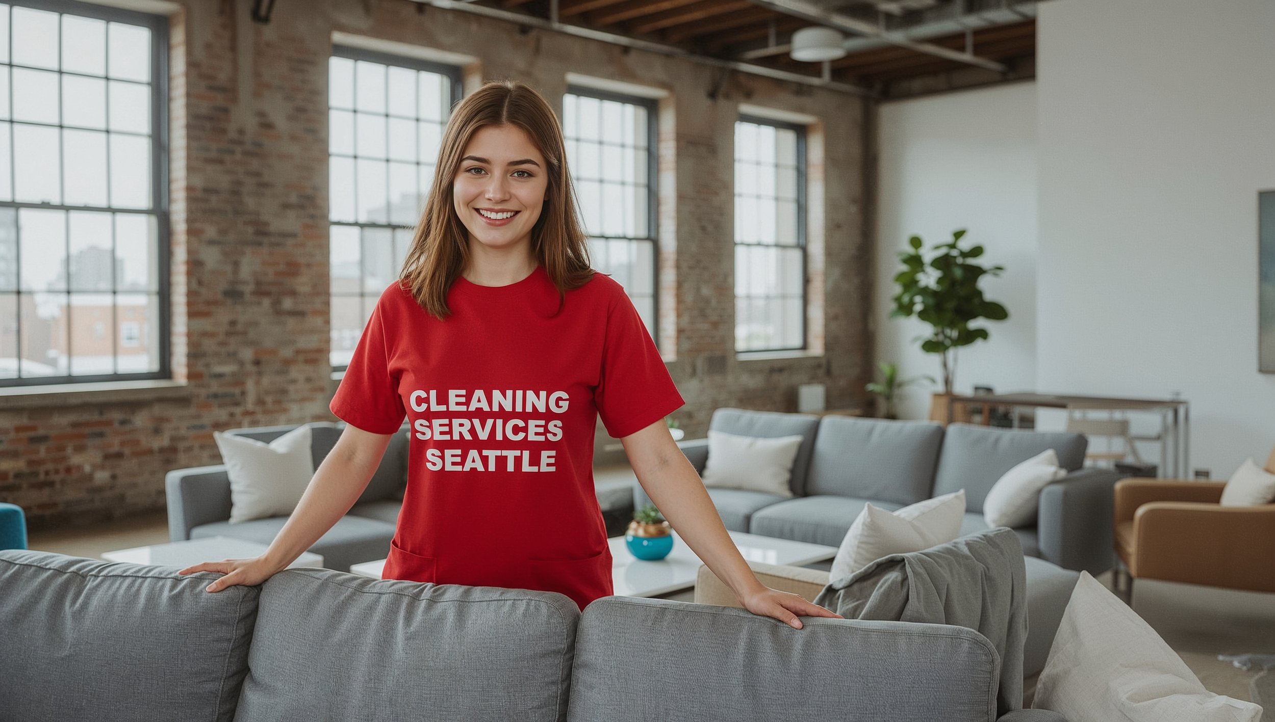 Professional female cleaner resetting an industrial-style living room in Seattle