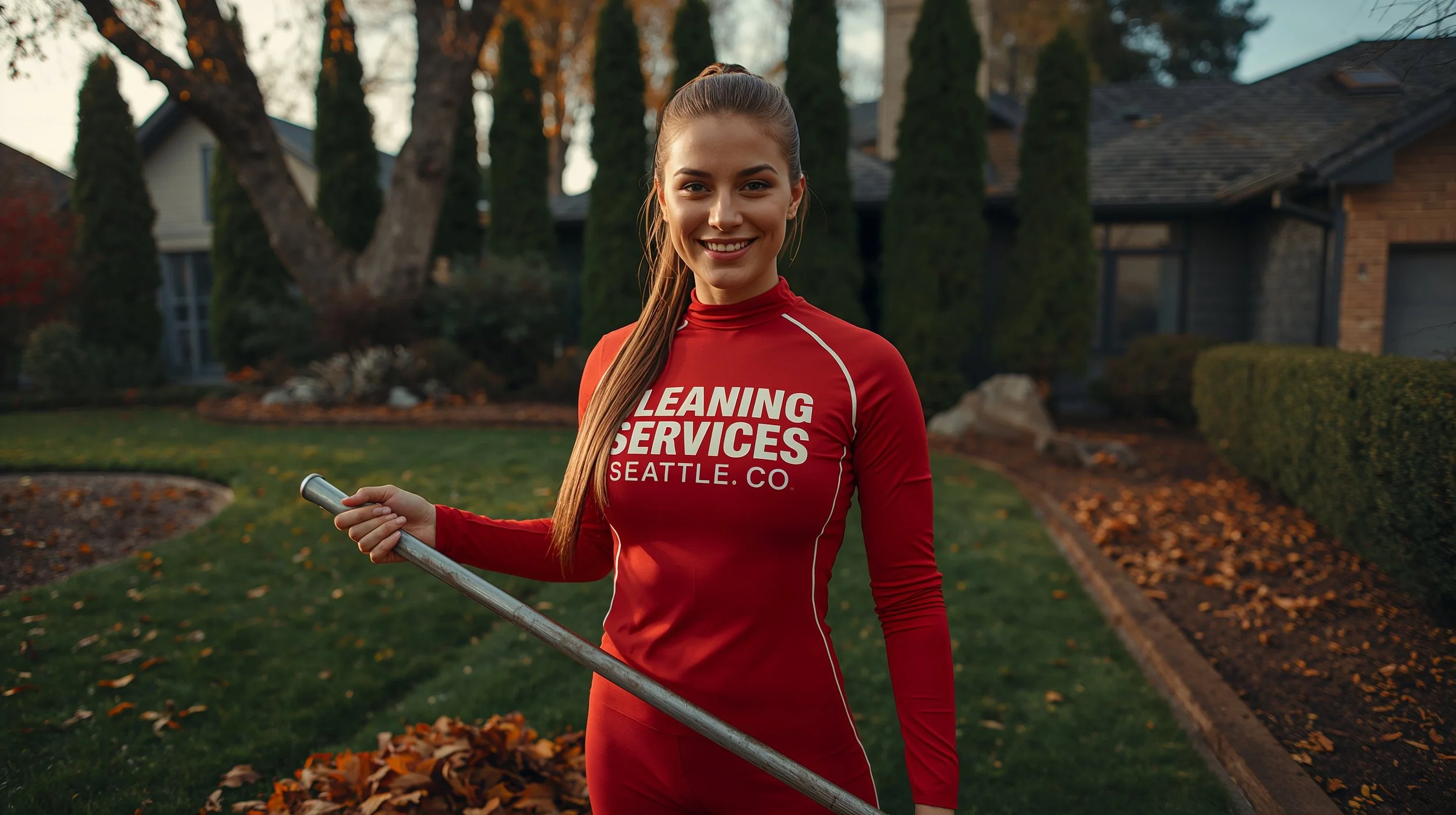 Professional Seattle yard cleaning specialist smiling beside neatly raked leaf piles in front of a luxury suburban home.