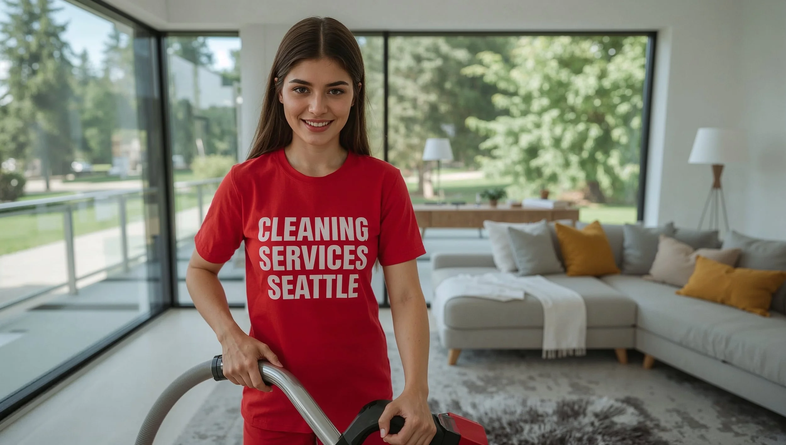 Joyful Ukrainian house cleaner in red uniform cleaning a Green Lake Seattle living room with lake view