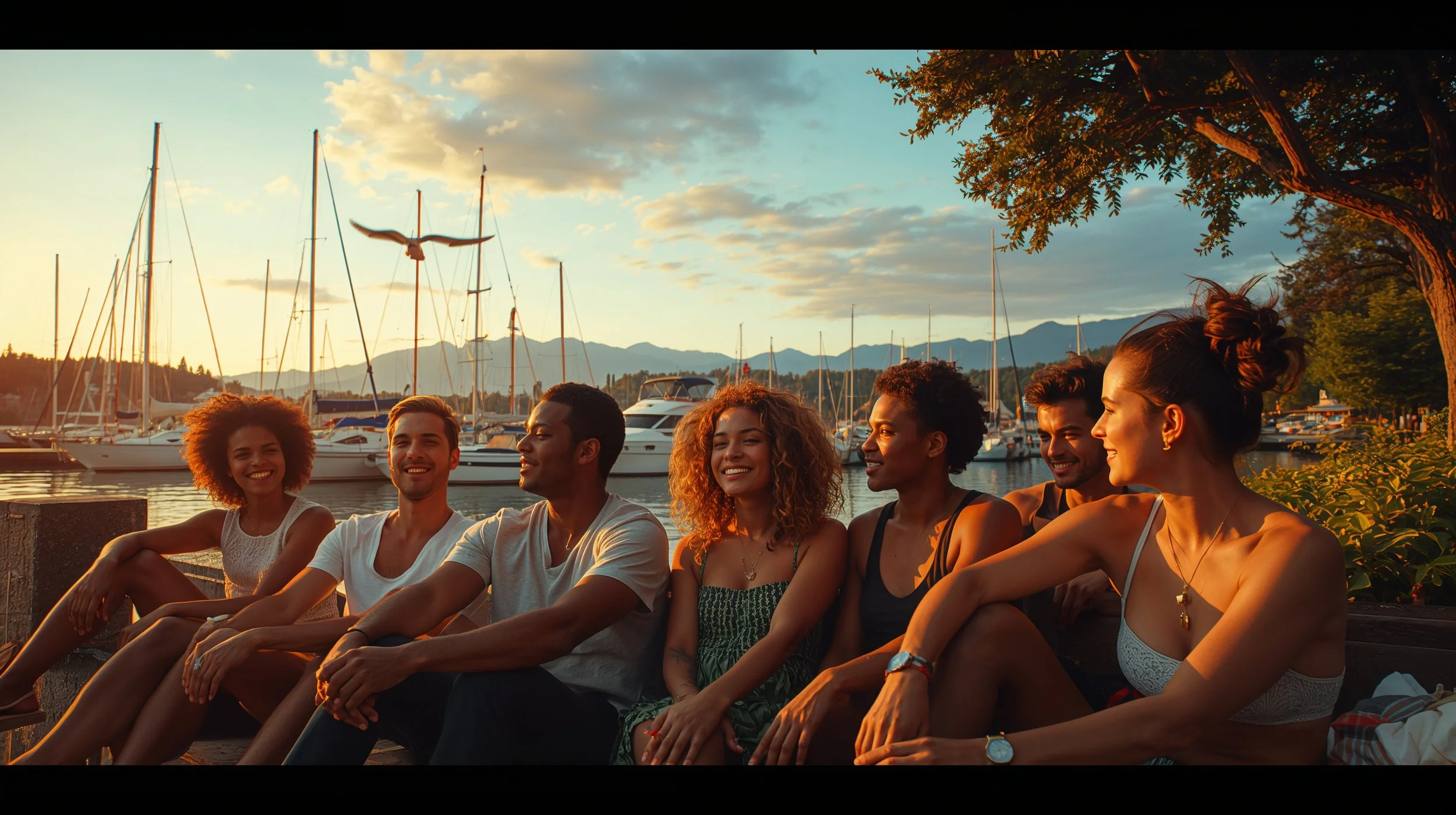 Friends enjoying sunset at Kirkland waterfront park overlooking Lake Washington.