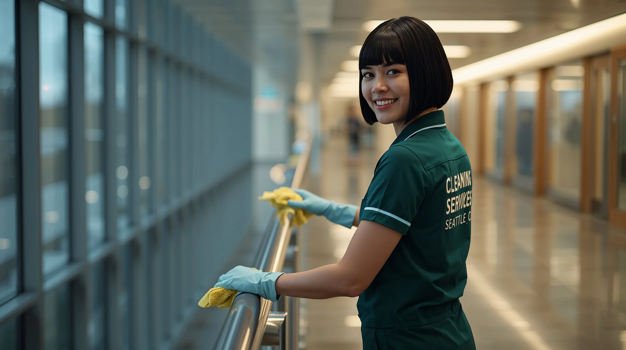 Smiling female cleaner polishing stainless hallway railings in a Seattle university building