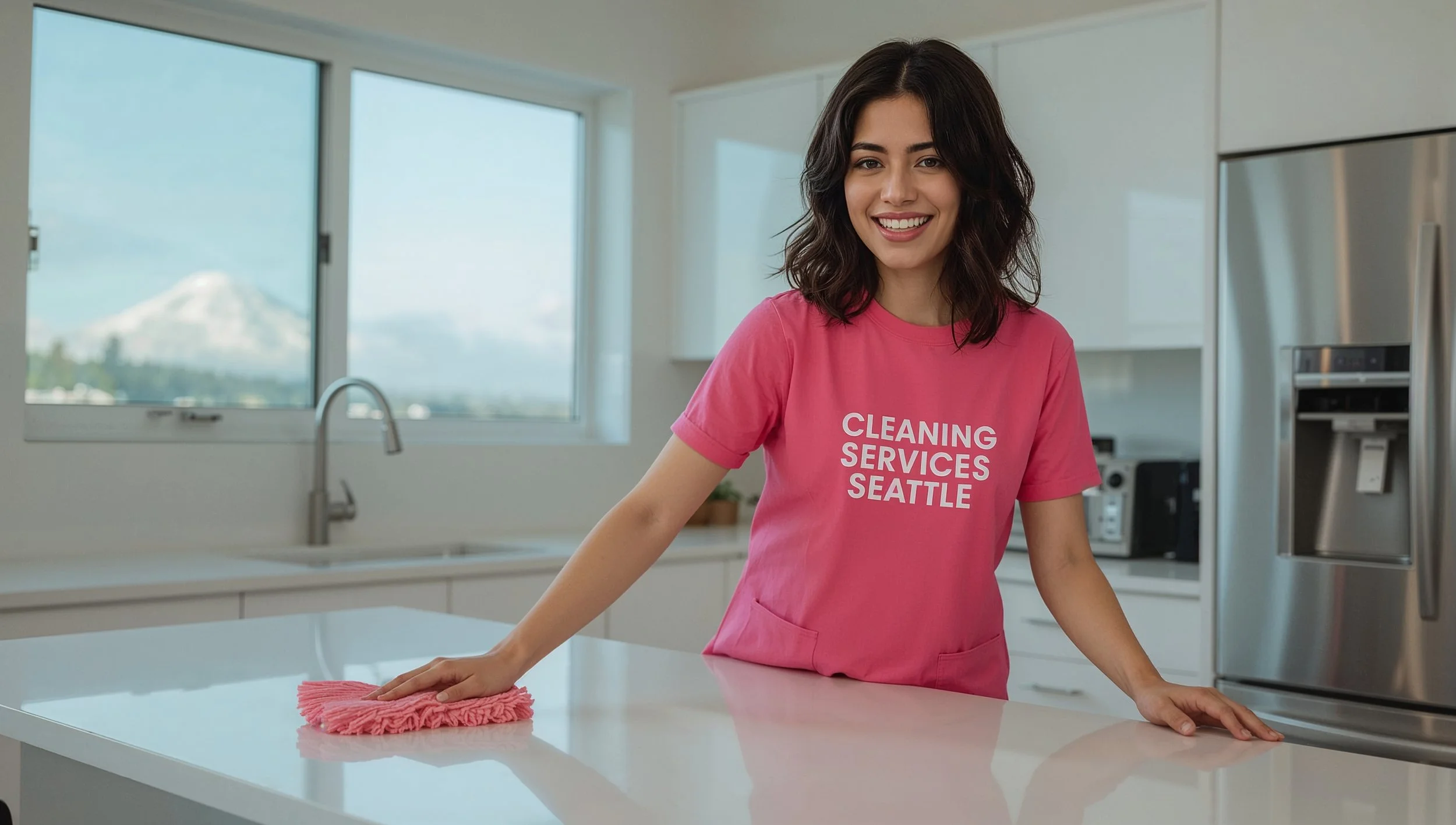 Colombian female cleaner in pink Cleaning Services Seattle uniform wiping a kitchen in a Hillman City home with Mount Rainier visible through the window
