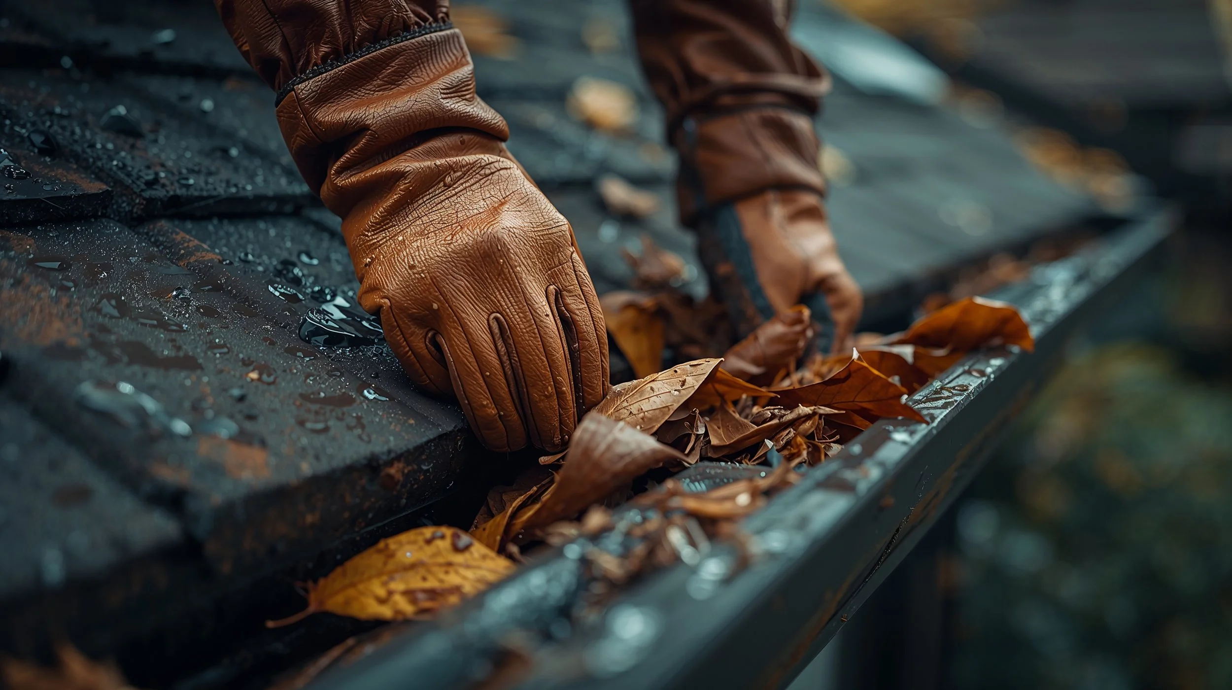 Hands removing wet leaves and debris from house gutter