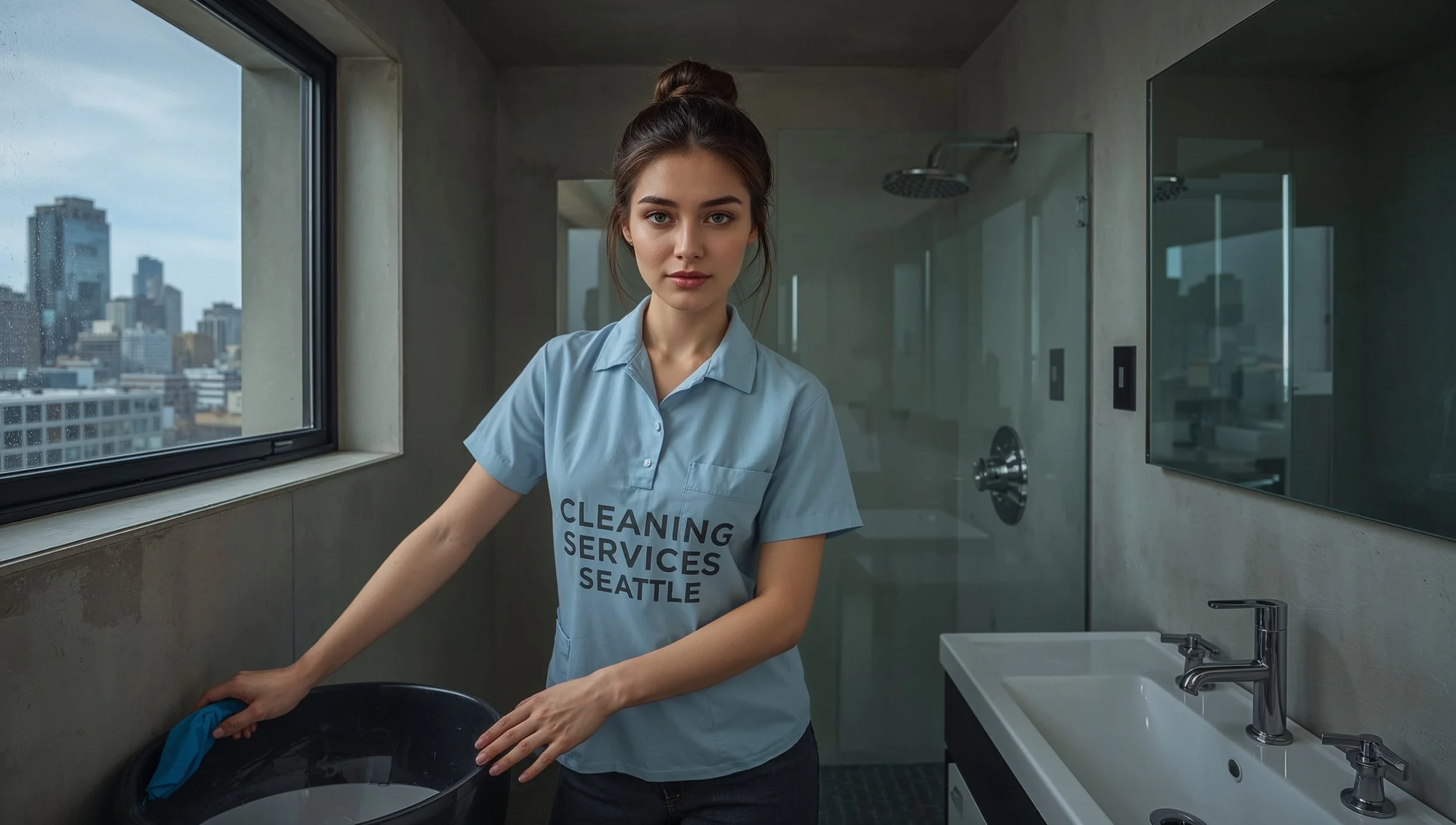 Russian female cleaner sanitizing modern industrial bathroom in Seattle home