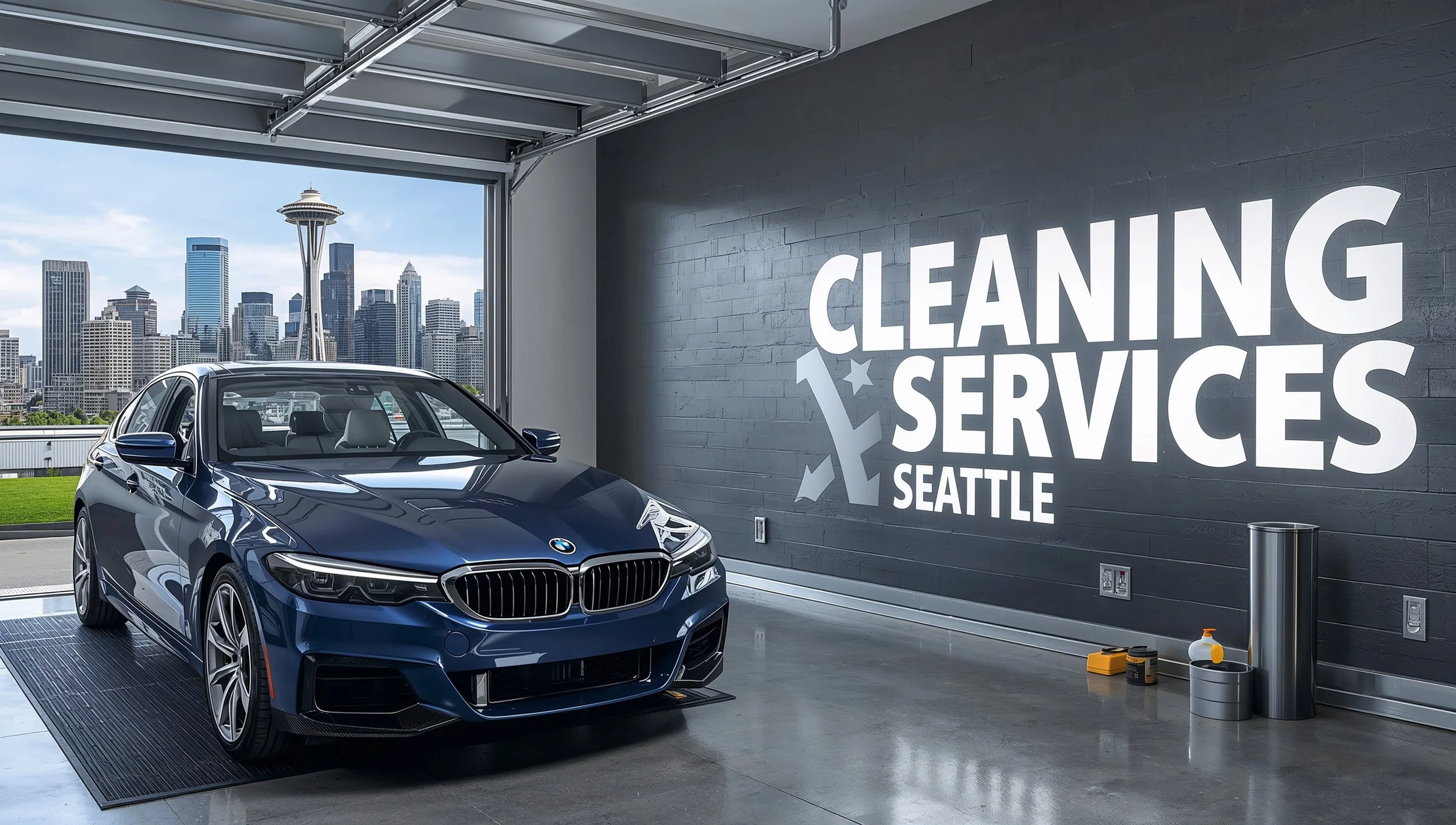 Freshly cleaned luxury car inside a Seattle home garage with CLEANING SERVICES SEATTLE branding displayed prominently.