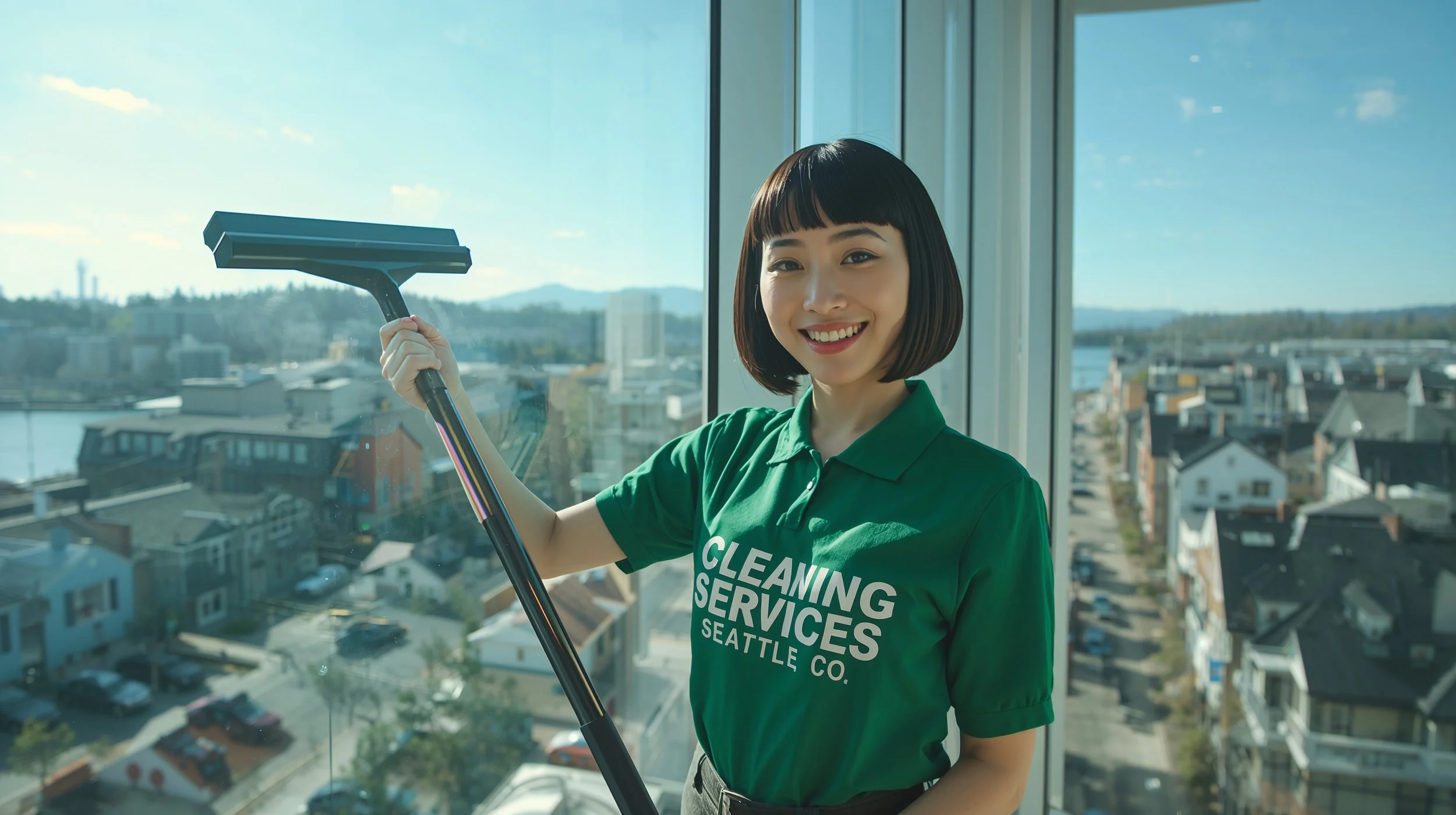 Window cleaning technician in Seattle using a long squeegee to clean a tall glass window in a modern home.