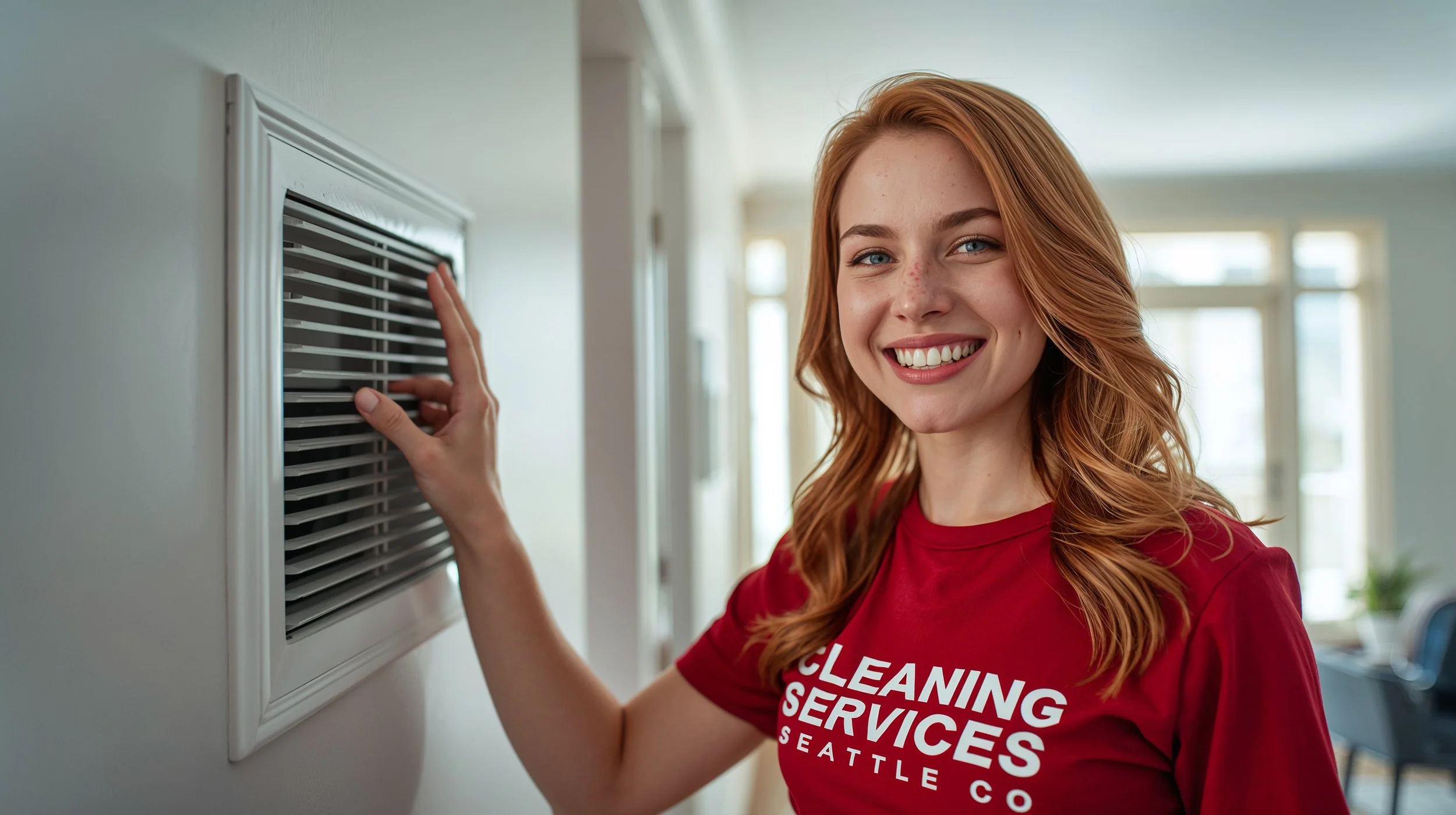 Freckled female technician inspecting a freshly cleaned wall air vent inside a Seattle townhouse.